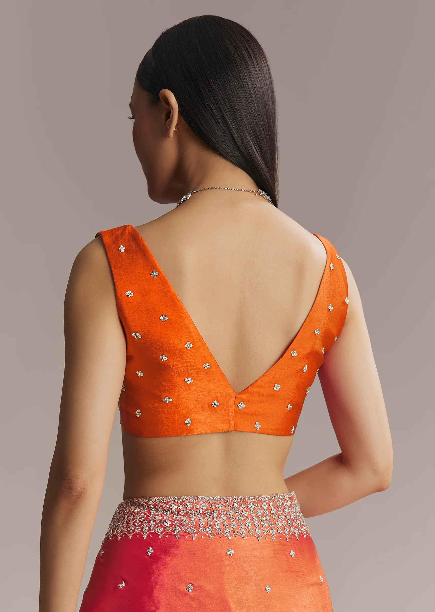 Hot Pink And Orange Chinon Saree With Heavy Embroidery - Image 8