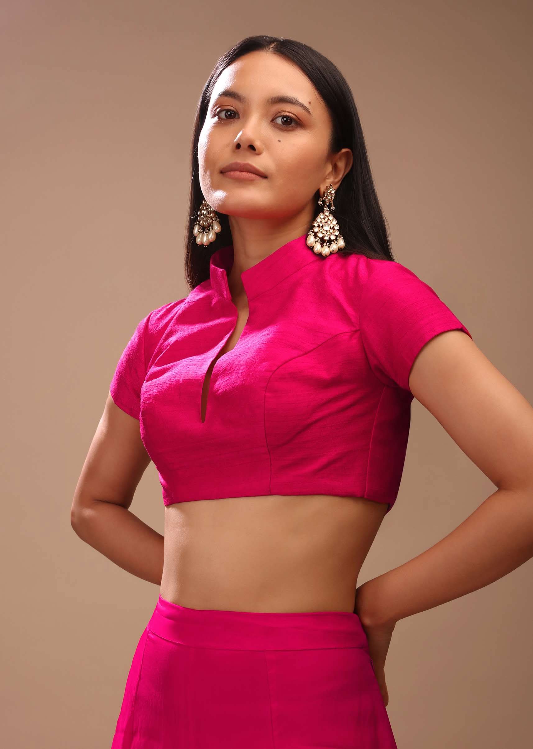 Hot Pink Blouse In Raw Silk With Mandarin Collar Neckline And Cap Sleeves - Image 2