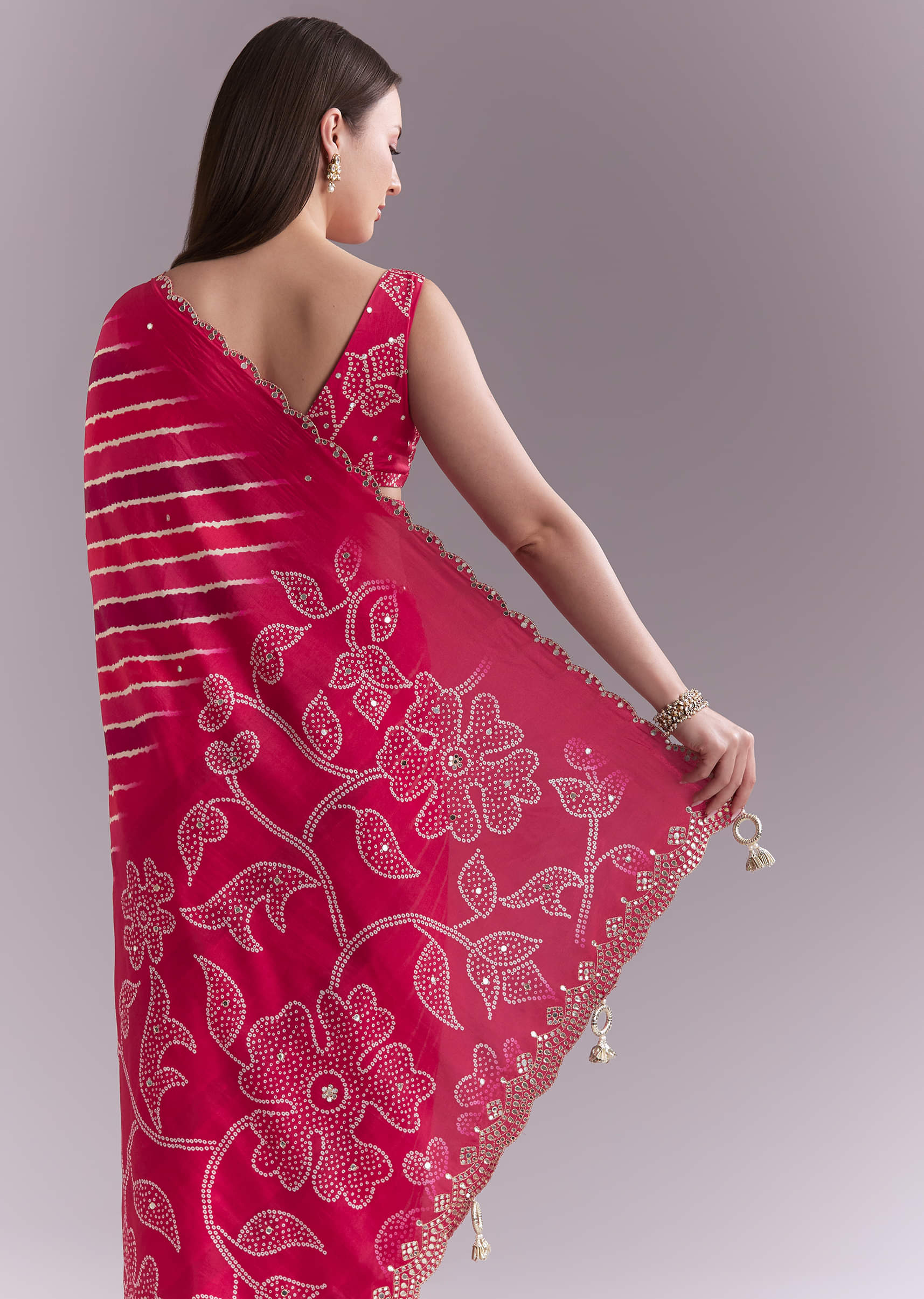Hot Pink Chinon Saree With Leheriya Print And Mirror Work - Image 6