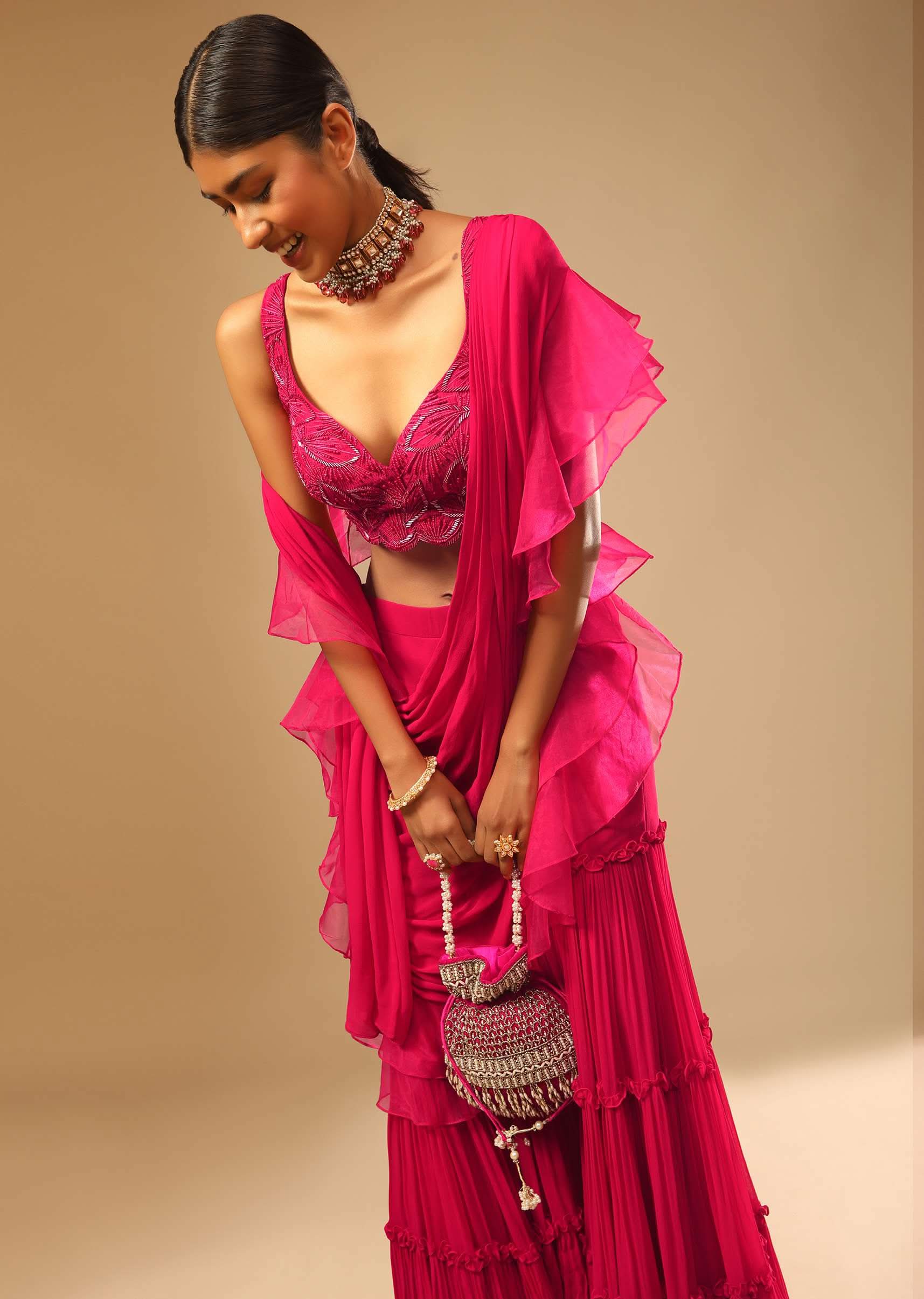 Hot Pink Crop Top Sharara Suit With An Attached Ruffle Draped And An Hand Embroidered Leaf Motifs - Image 4