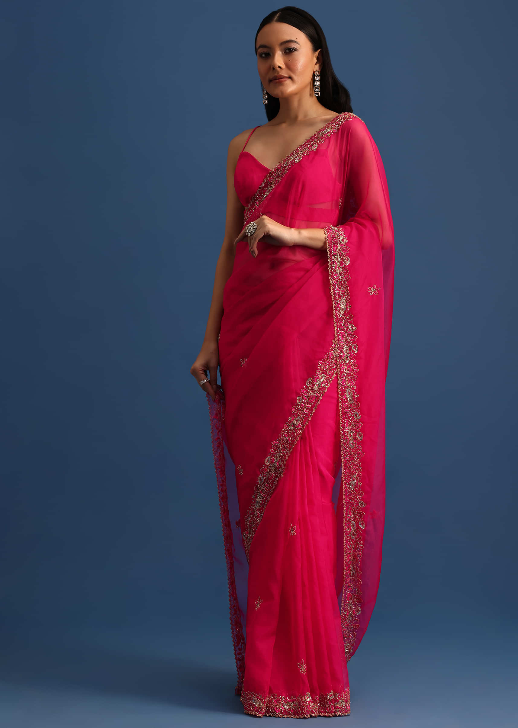 Hot Pink Cutdana Embroidered Saree With Unstitched Blouse - Image 3