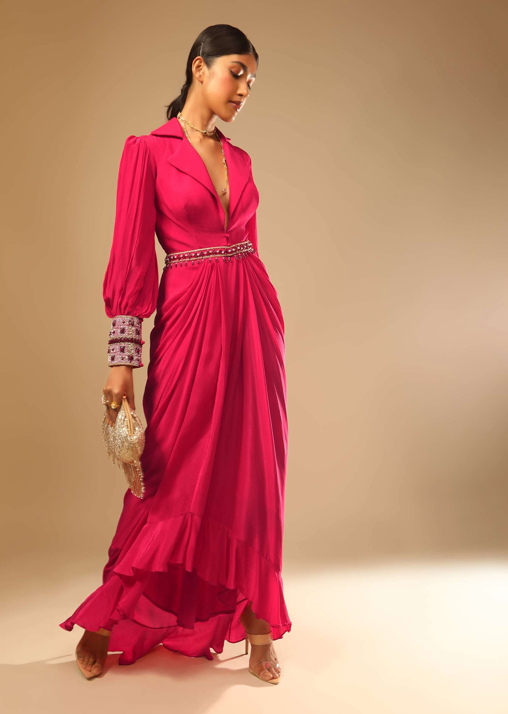 Navy Blue Lehenga In Satin Blend Embellished With Kundan Work In Striped Design - Image 6