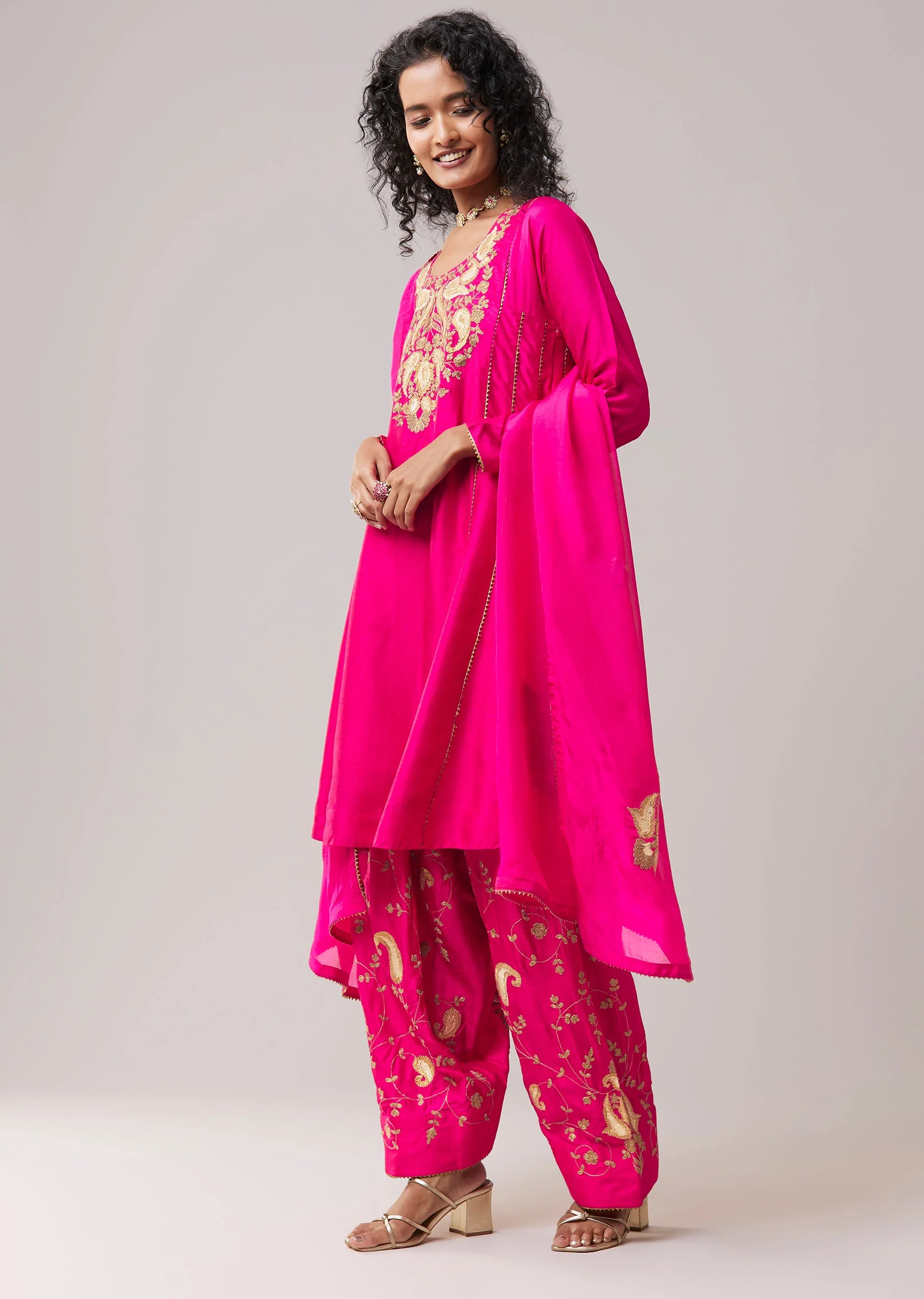 Hot Pink Gota Work Silk Anarkali Set - Image 3