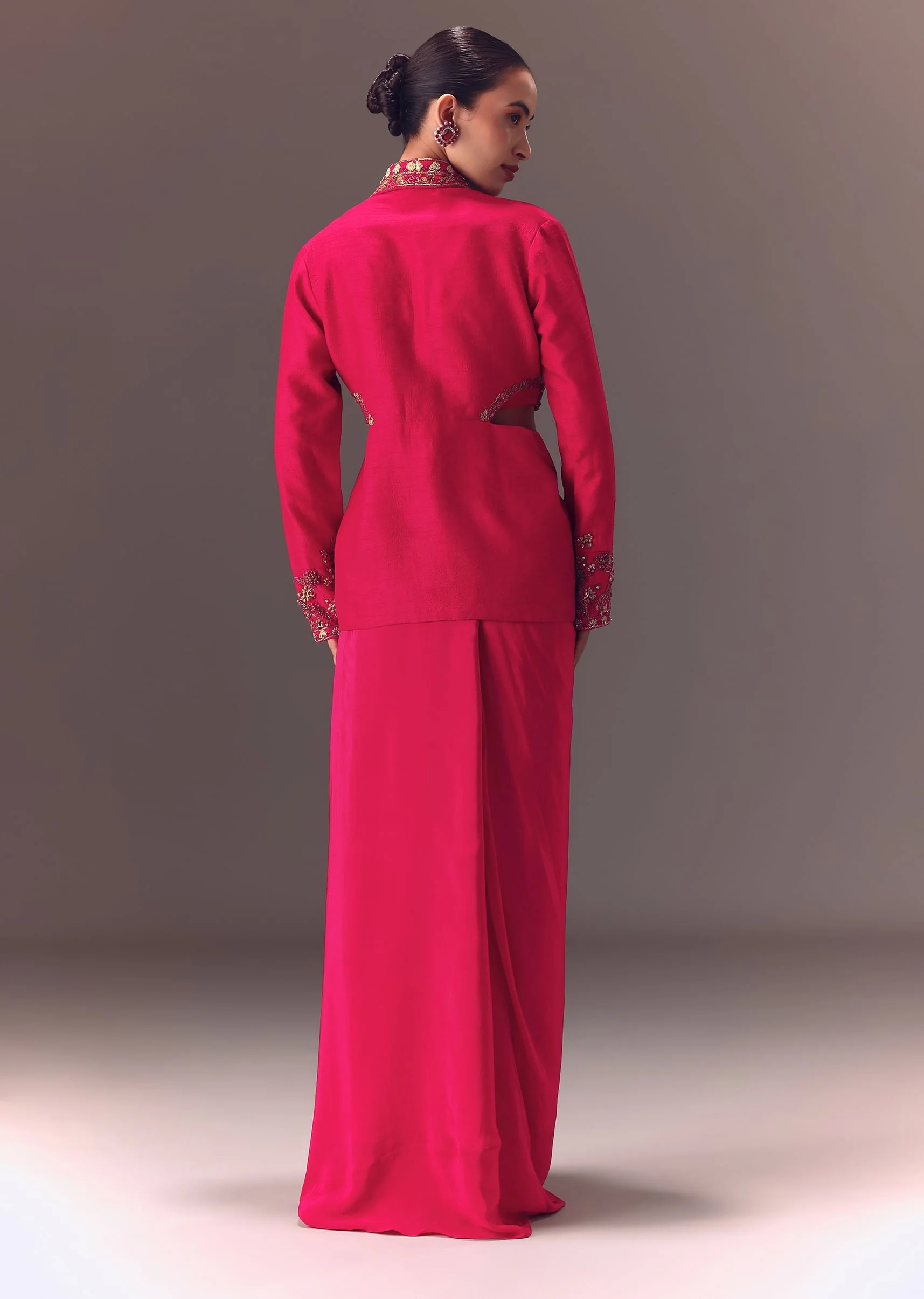 Hot Pink Hand Embellished Blouse With Jacket And Draped Skirt - Image 6