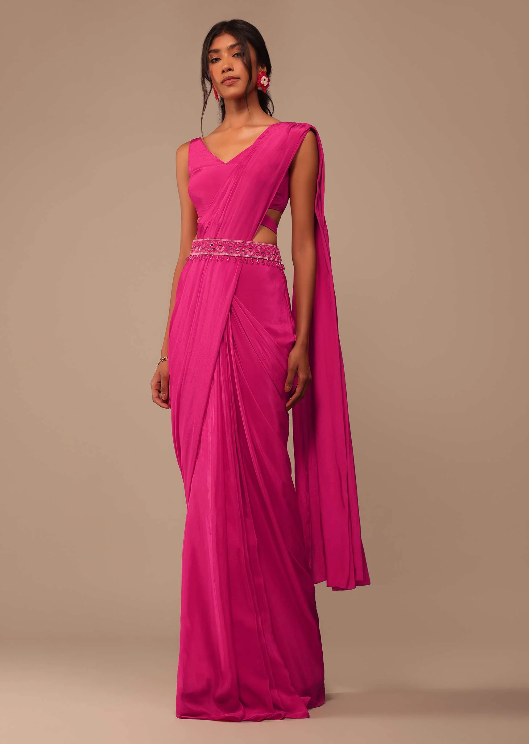 Hot Pink Readymade Saree With Embroidered Belt - Image 3