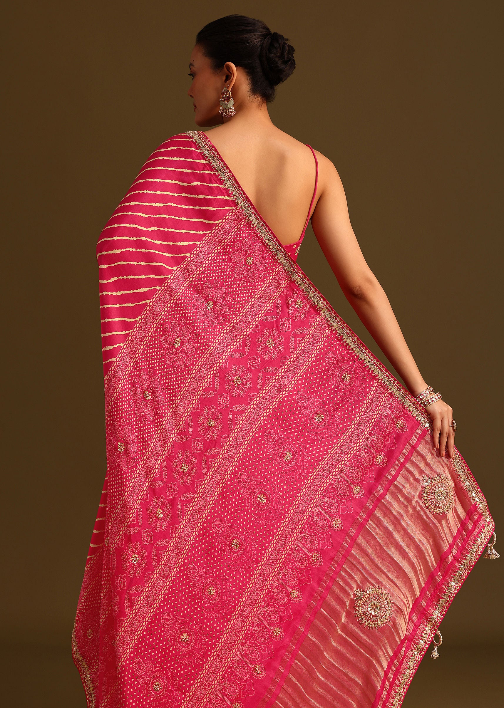 Hot Pink Lehariya Saree In Gota Patti Work With Unstitched Blouse - Image 4