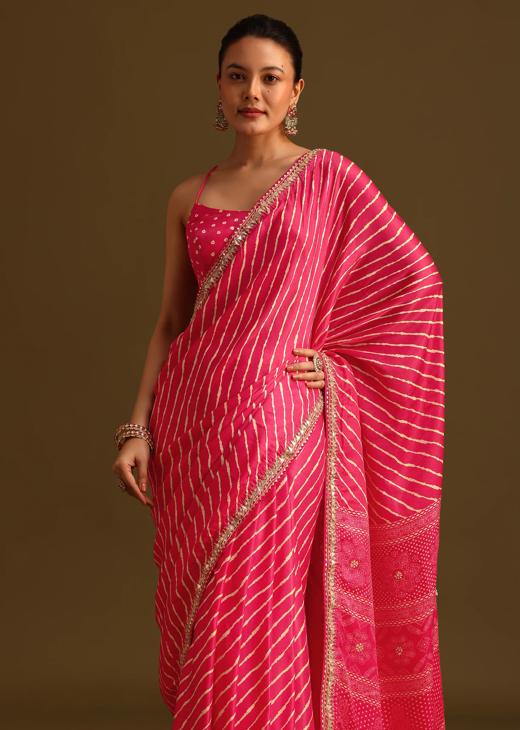 Hot Pink Lehariya Saree In Gota Patti Work With Unstitched Blouse - Image 5