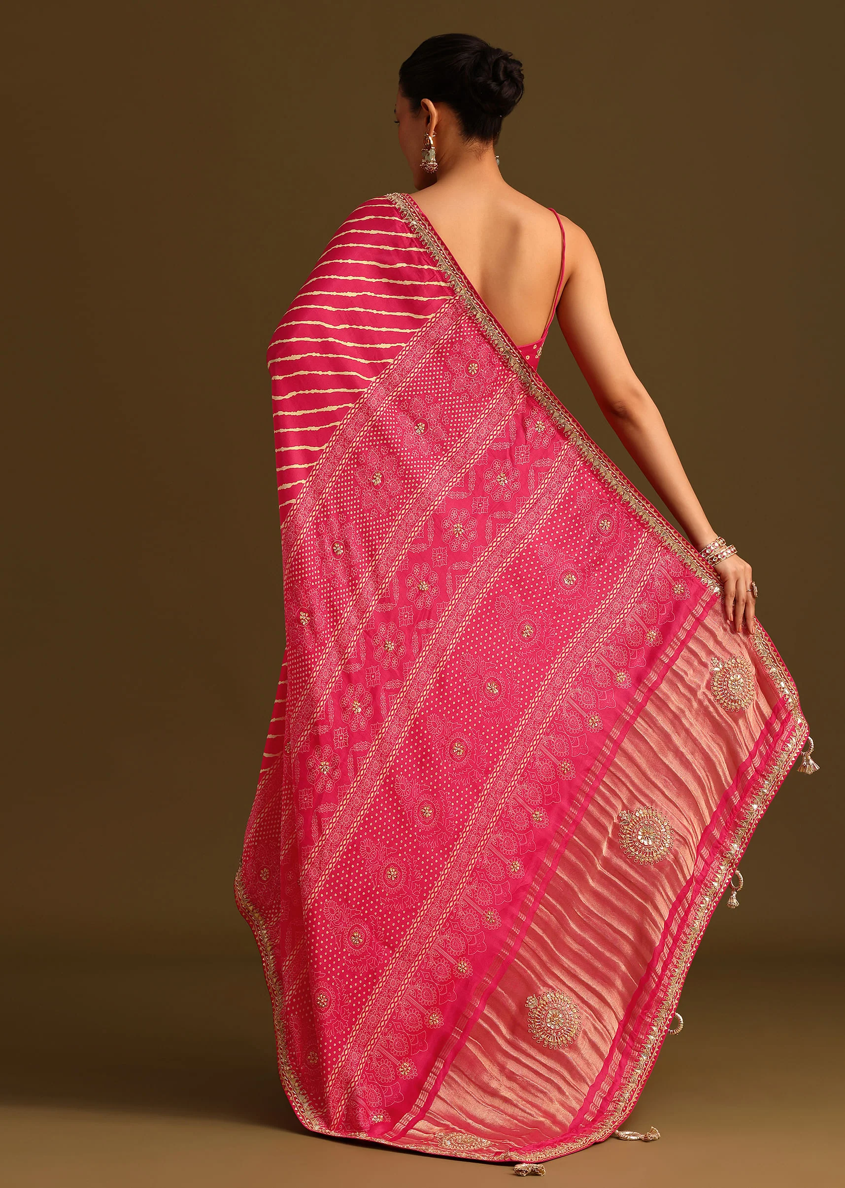 Hot Pink Lehariya Saree In Gota Patti Work With Unstitched Blouse - Image 6