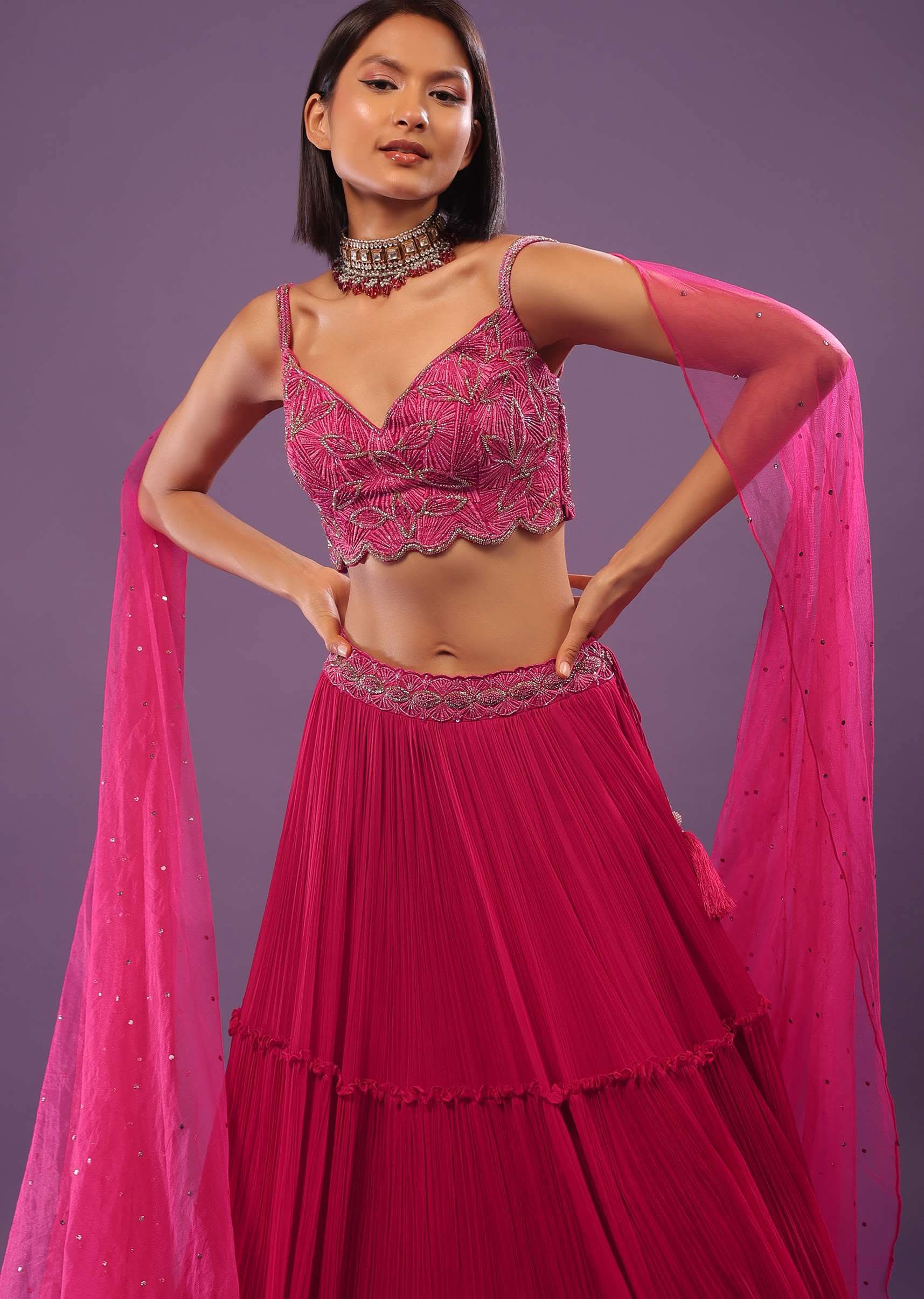 Hot Pink Lehenga Set In Viscose Georgette - Image 2