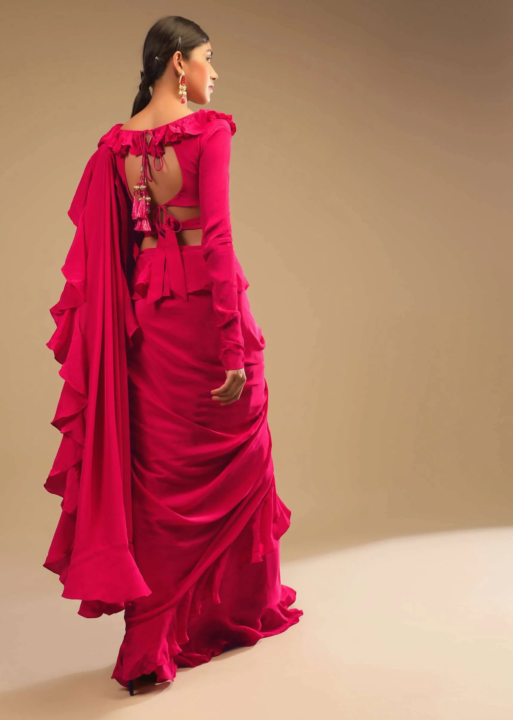 Hot Pink Saree With Ruffle Pallu, Stone Embellished Belt And A Ruffle Blouse With Side Cut Outs - Image 4