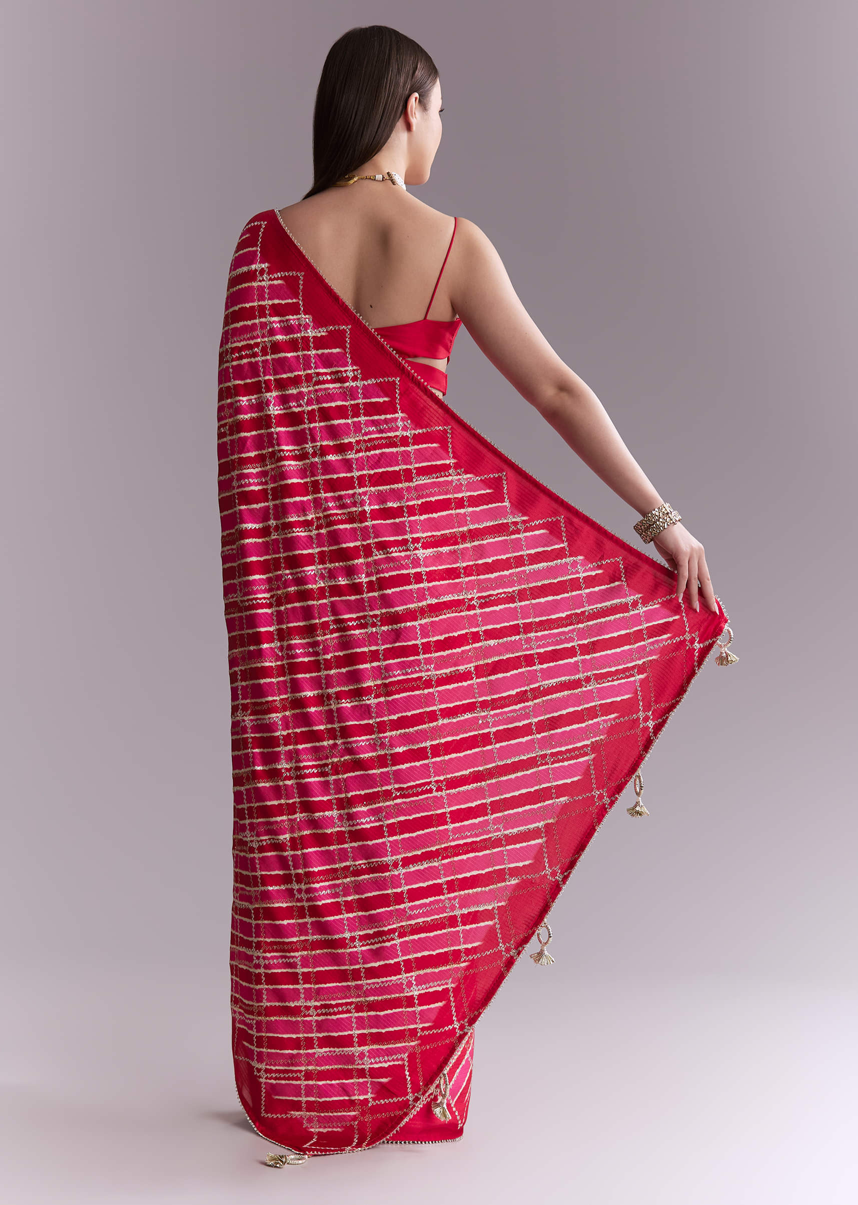 Hot Pink Satin Printed Saree With Criss Cross Stripes - Image 4