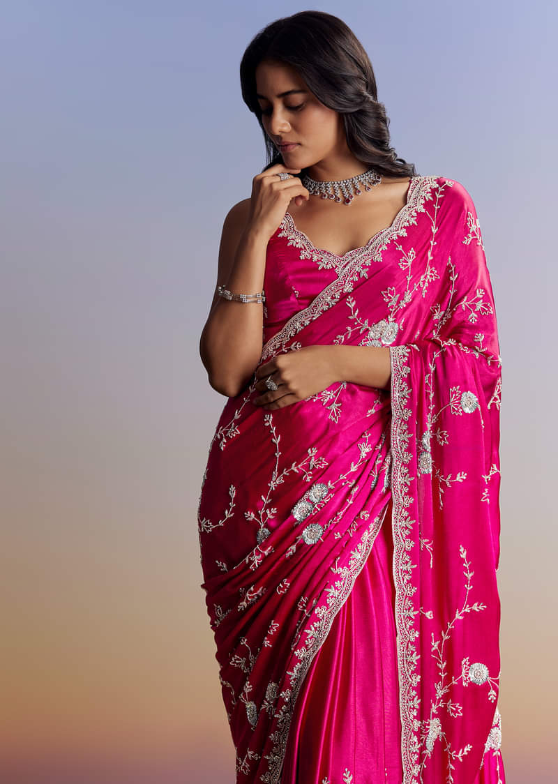 Hot Pink Satin Saree With All Over Jaal Embroidery In Cutdana And Sequins - Image 5