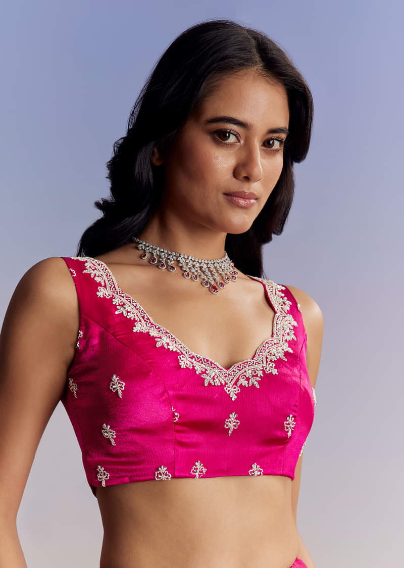 Hot Pink Satin Saree With All Over Jaal Embroidery In Cutdana And Sequins - Image 7