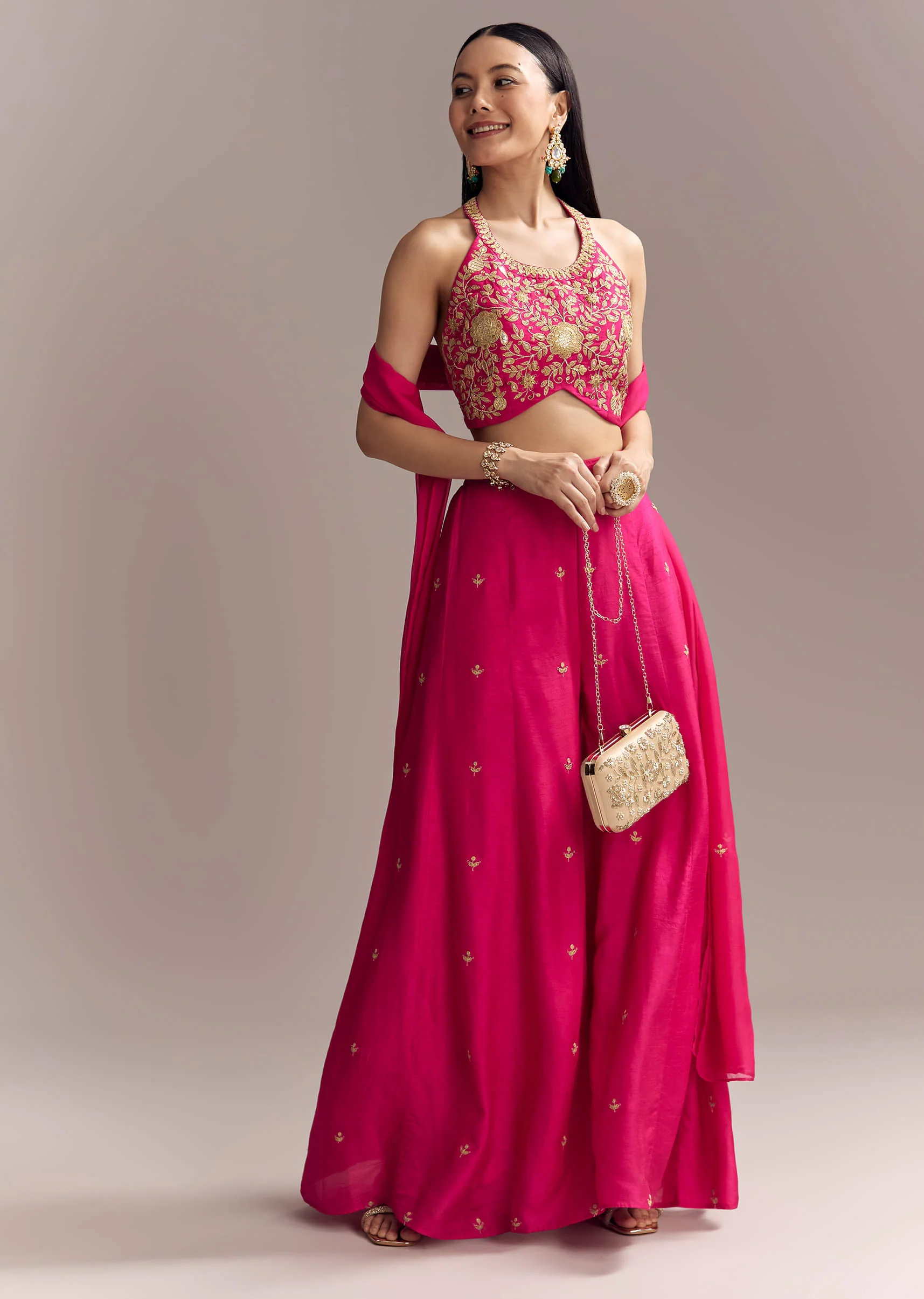 Hot Pink Silk Indo Crop Top And Palazzo Set With Zari Embroidery - Image 3