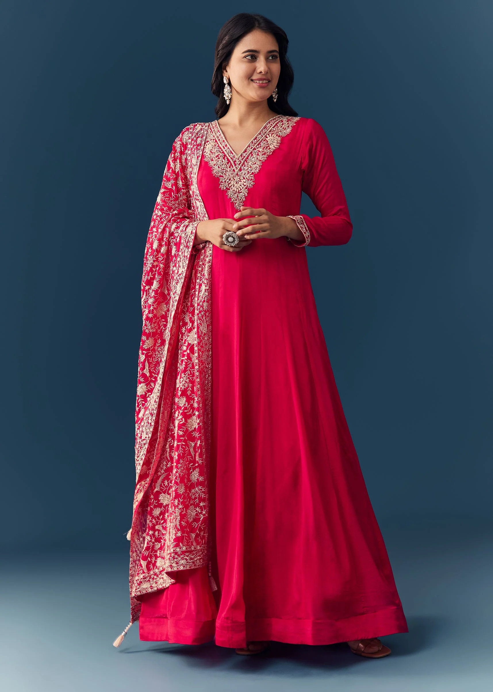 Hot Pink Thread Embroidered Anarkali with Dupatta - Image 3