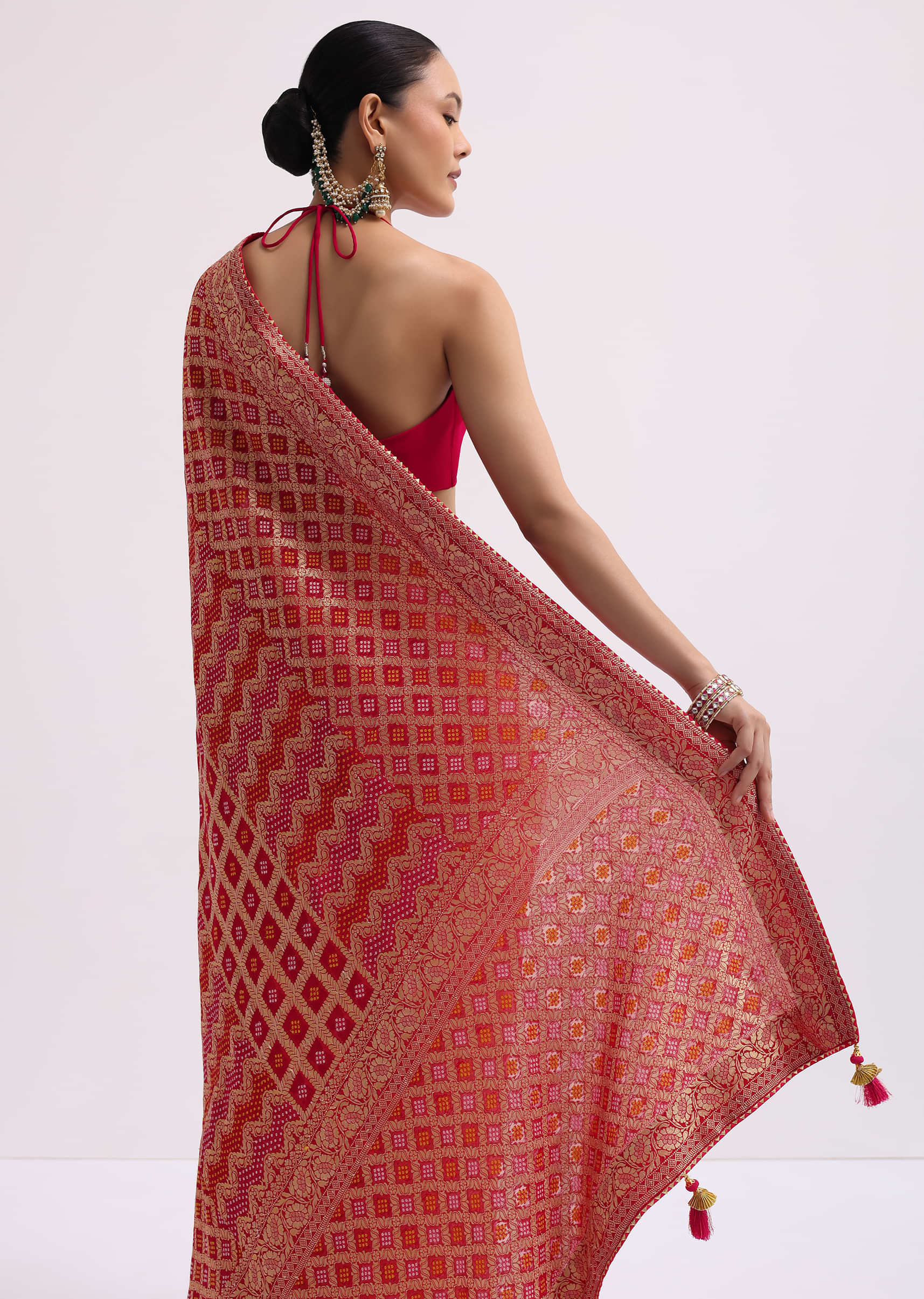 Hot Pink Woven Khadi Georgette Saree With Unstitched Blouse - Image 4