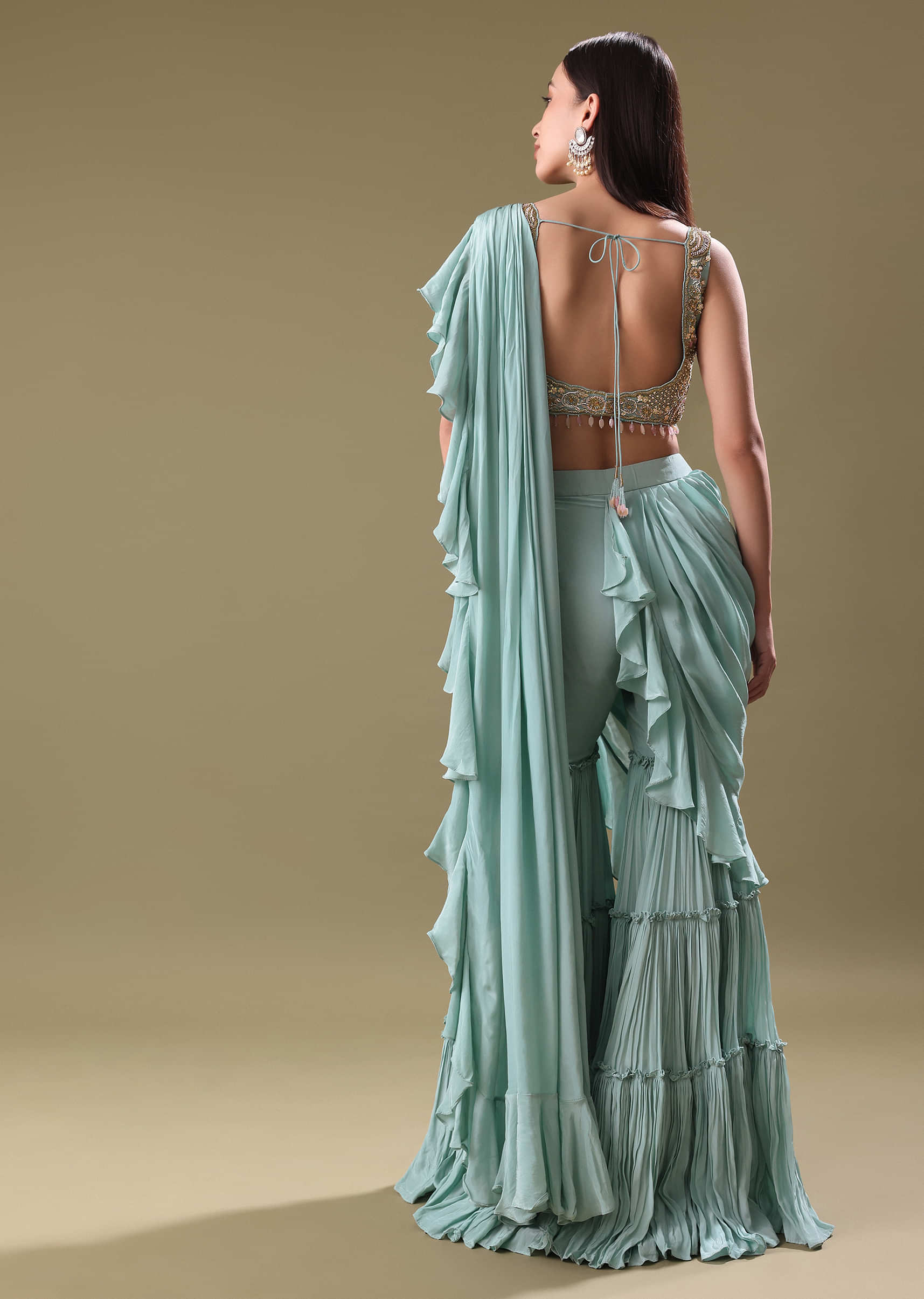 Ice Blue Frill Saree With Embroidered Blouse - Image 5