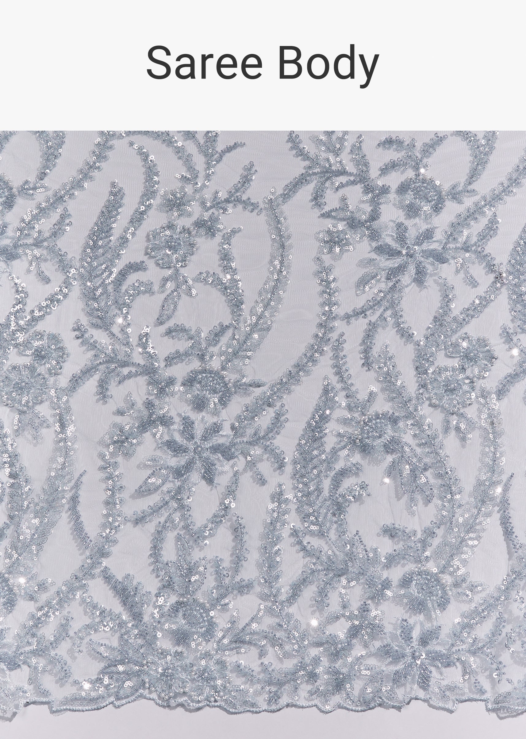 Ice Blue Heavy Embroidered Net Saree With Cutwork Border And All Over Floral Jaal - Image 9