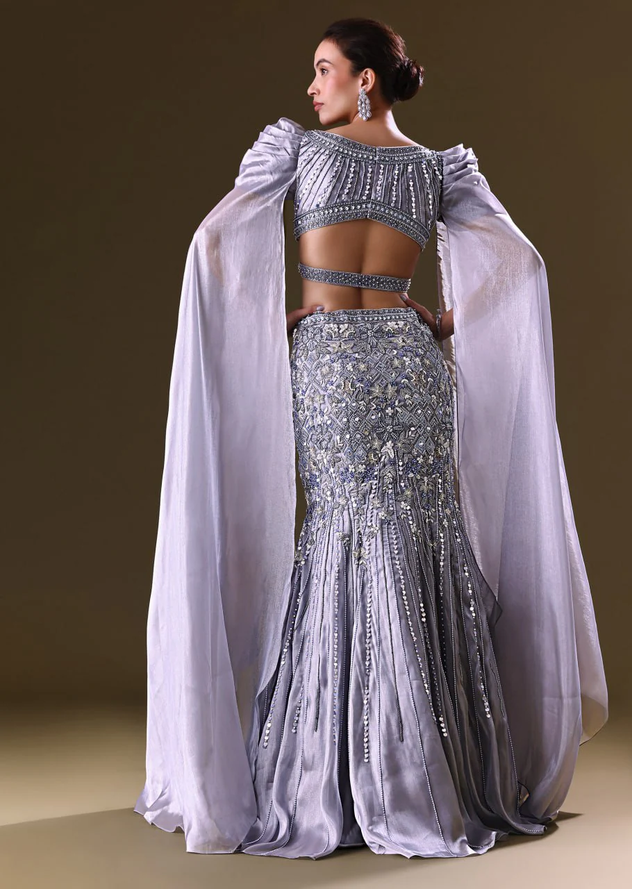 Ice Blue Mermaid Lehenga And Blouse With Long Wing Sleeves - Image 5