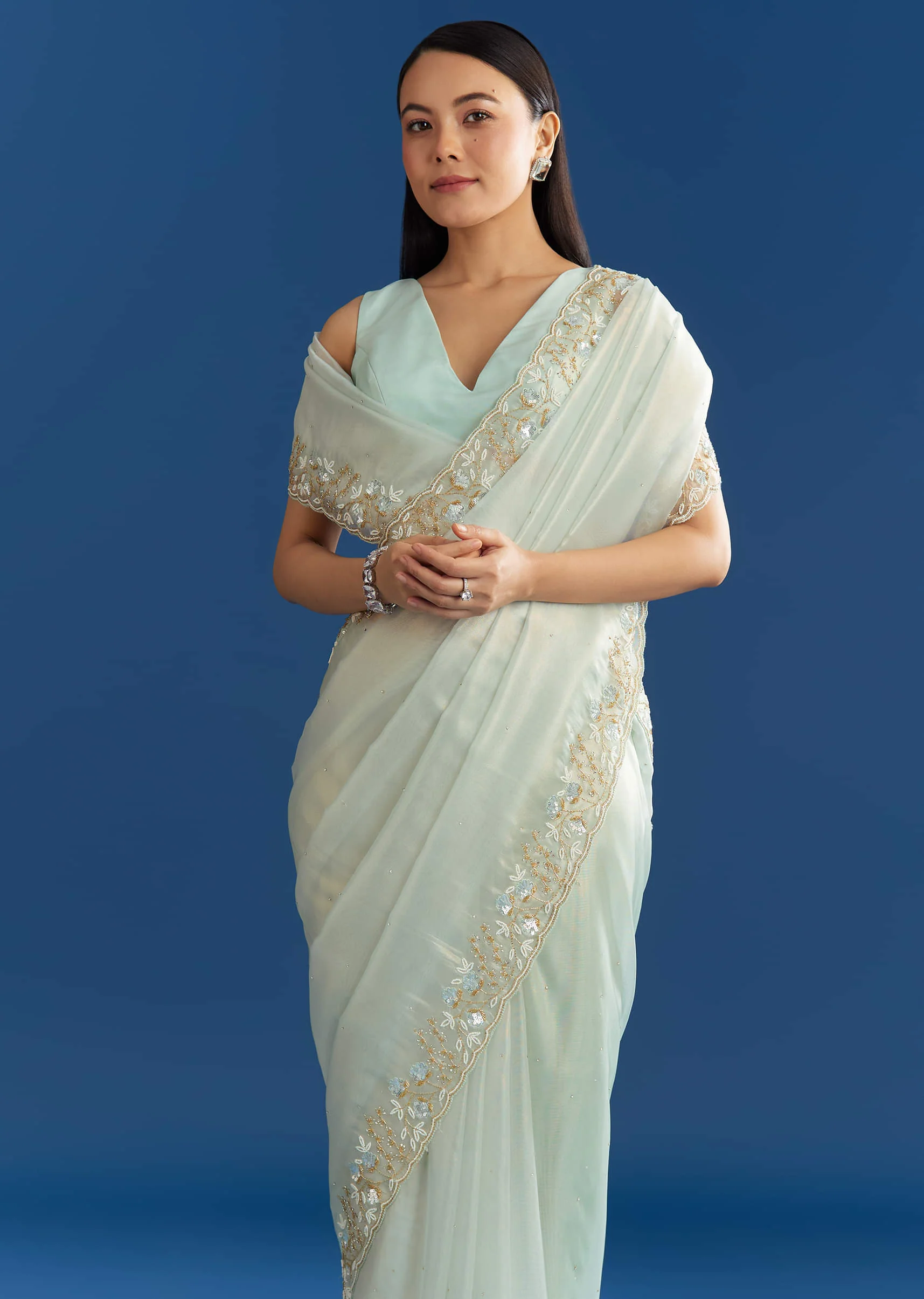 Ice Blue Organza Tissue Saree With Beaded Scallop Border - Image 2