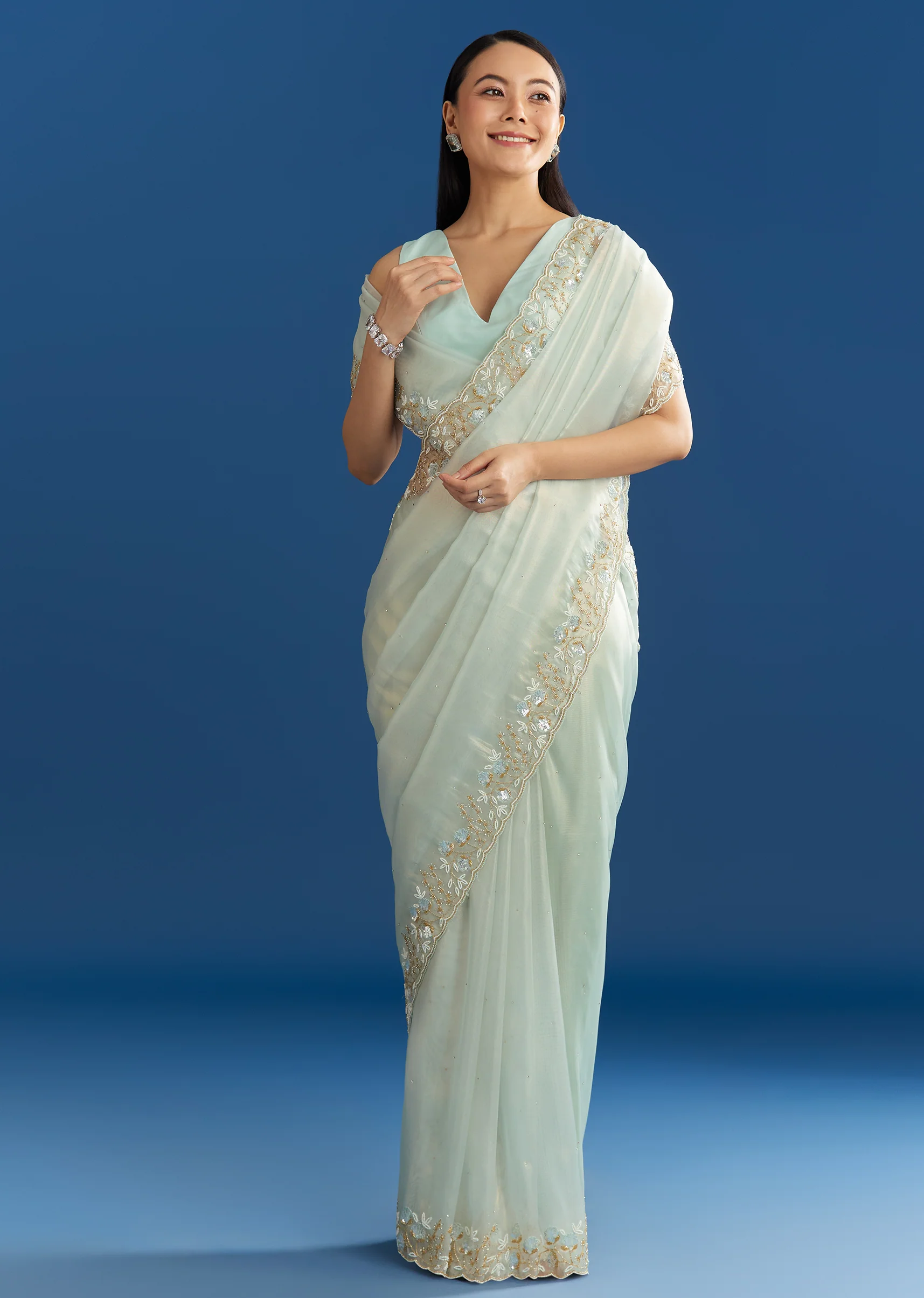 Ice Blue Organza Tissue Saree With Beaded Scallop Border - Image 3