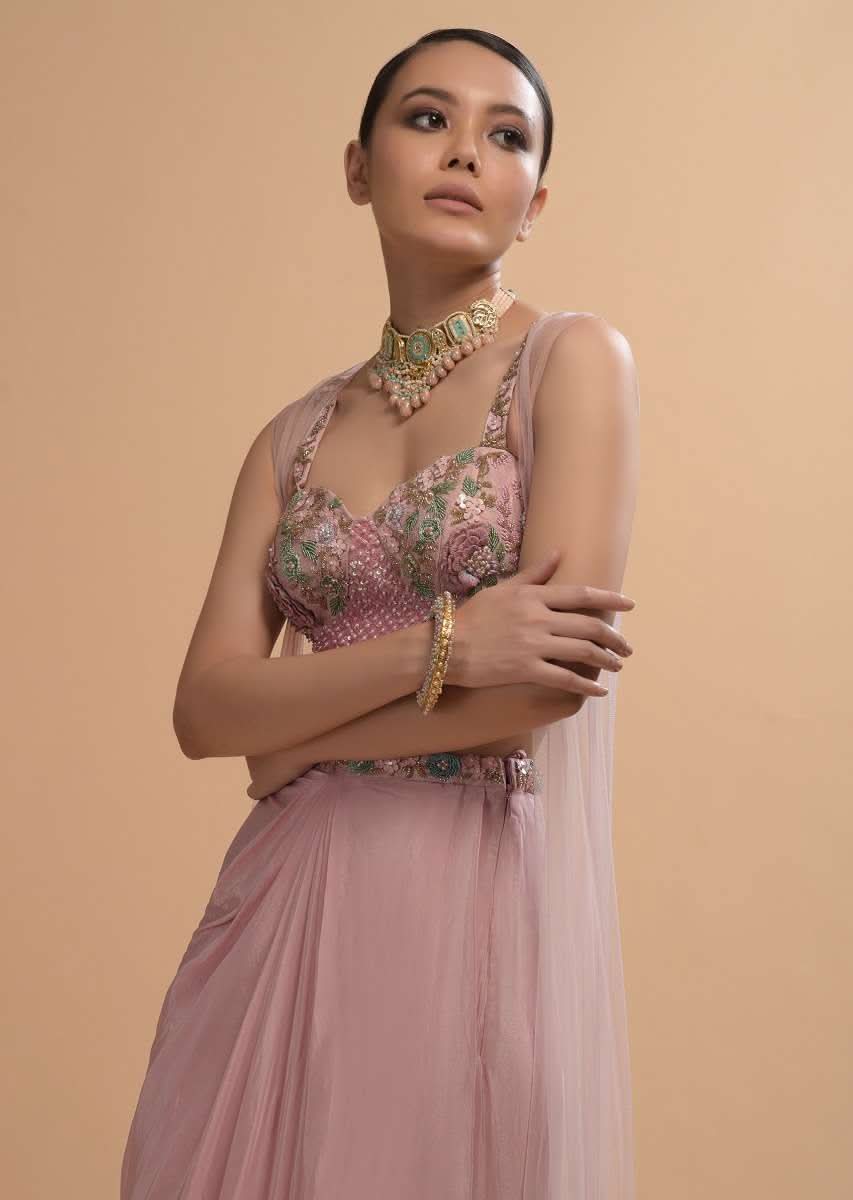 Icy Pink Draped Skirt And Crop Top Set With Long Jacket And 3D Flower Embroidery - Image 4