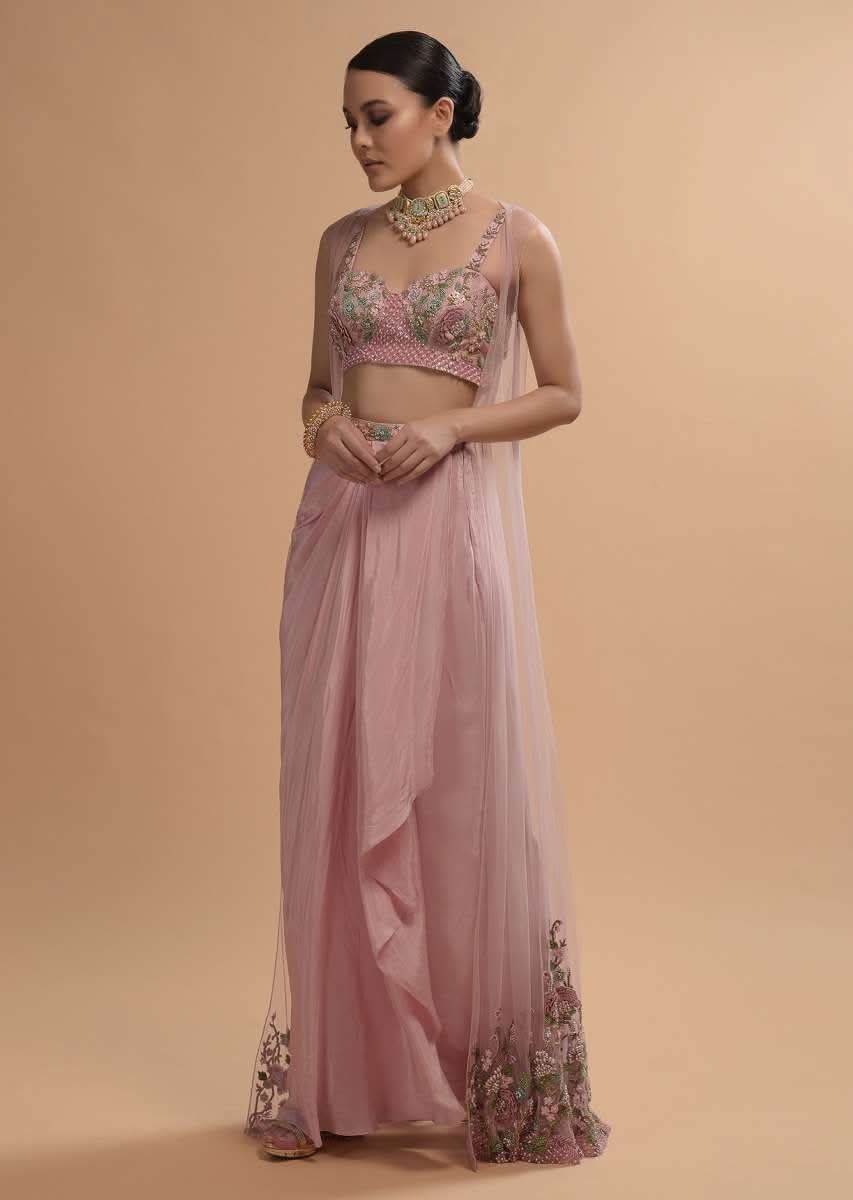 Icy Pink Draped Skirt And Crop Top Set With Long Jacket And 3D Flower Embroidery - Image 5