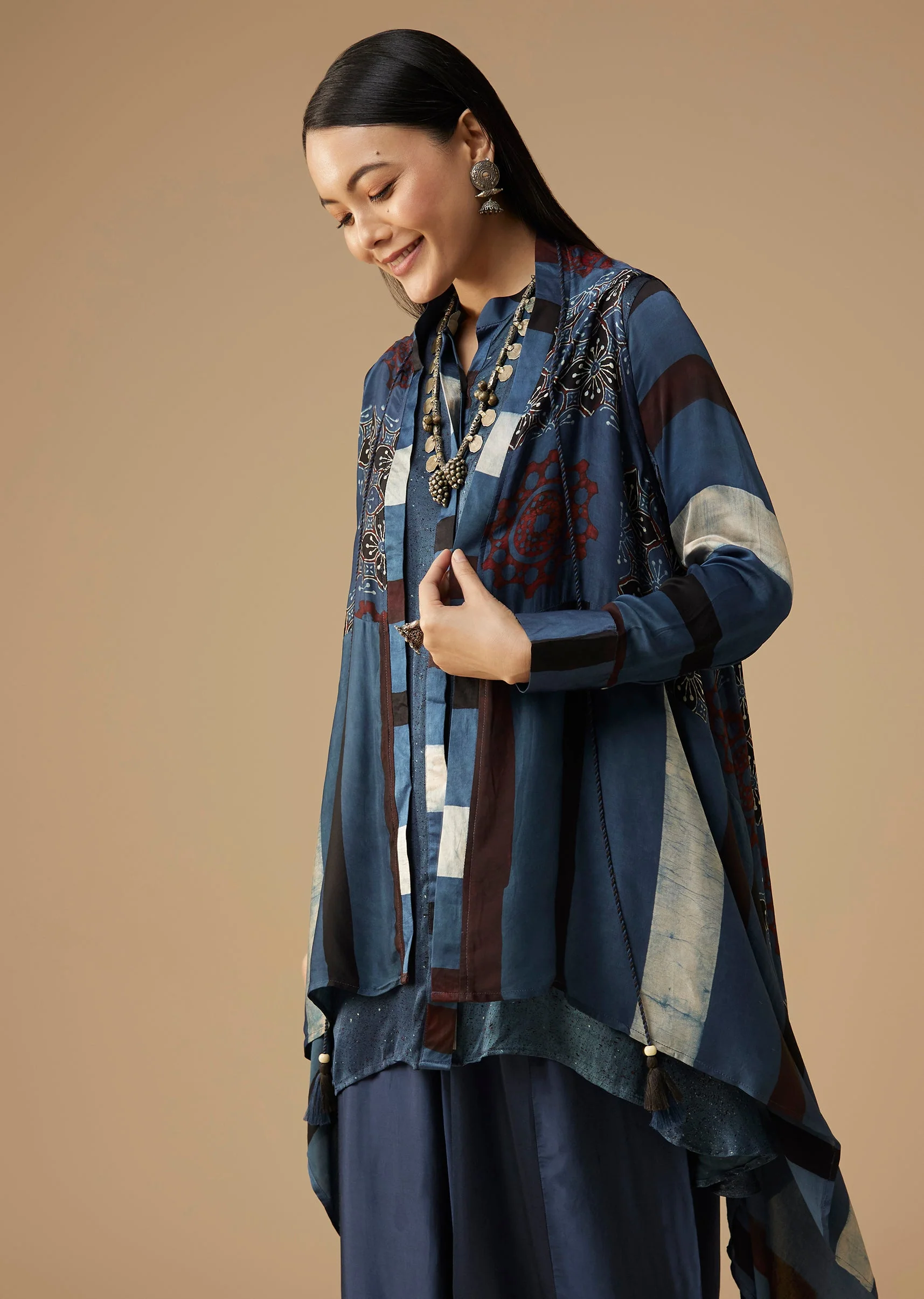 Indigo Hand Dyed Ajrakh Jacket and Dhoti Set - Image 4