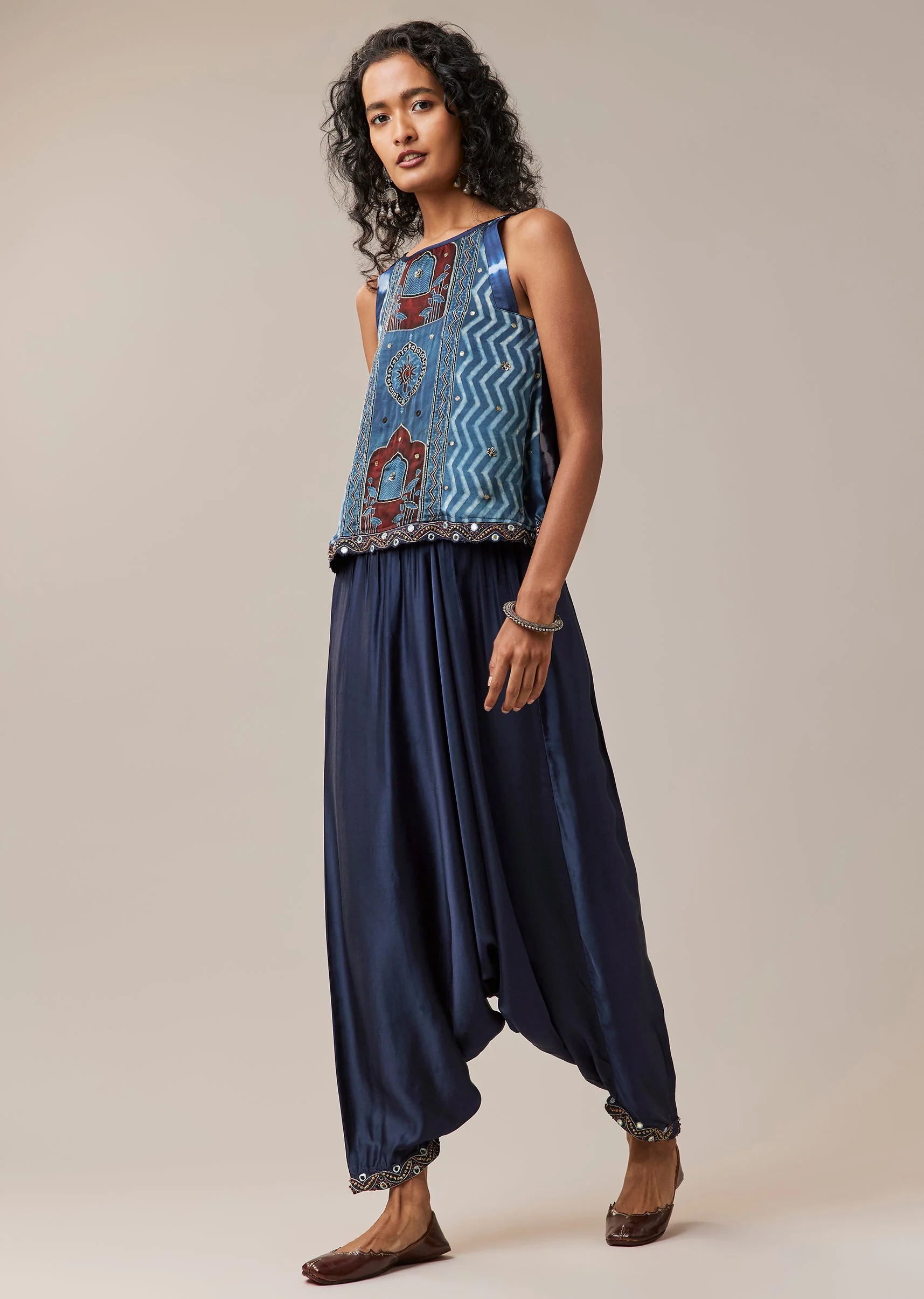 Indigo Hand Dyed Leheriya Jacket and Cowl Pant Set - Image 6