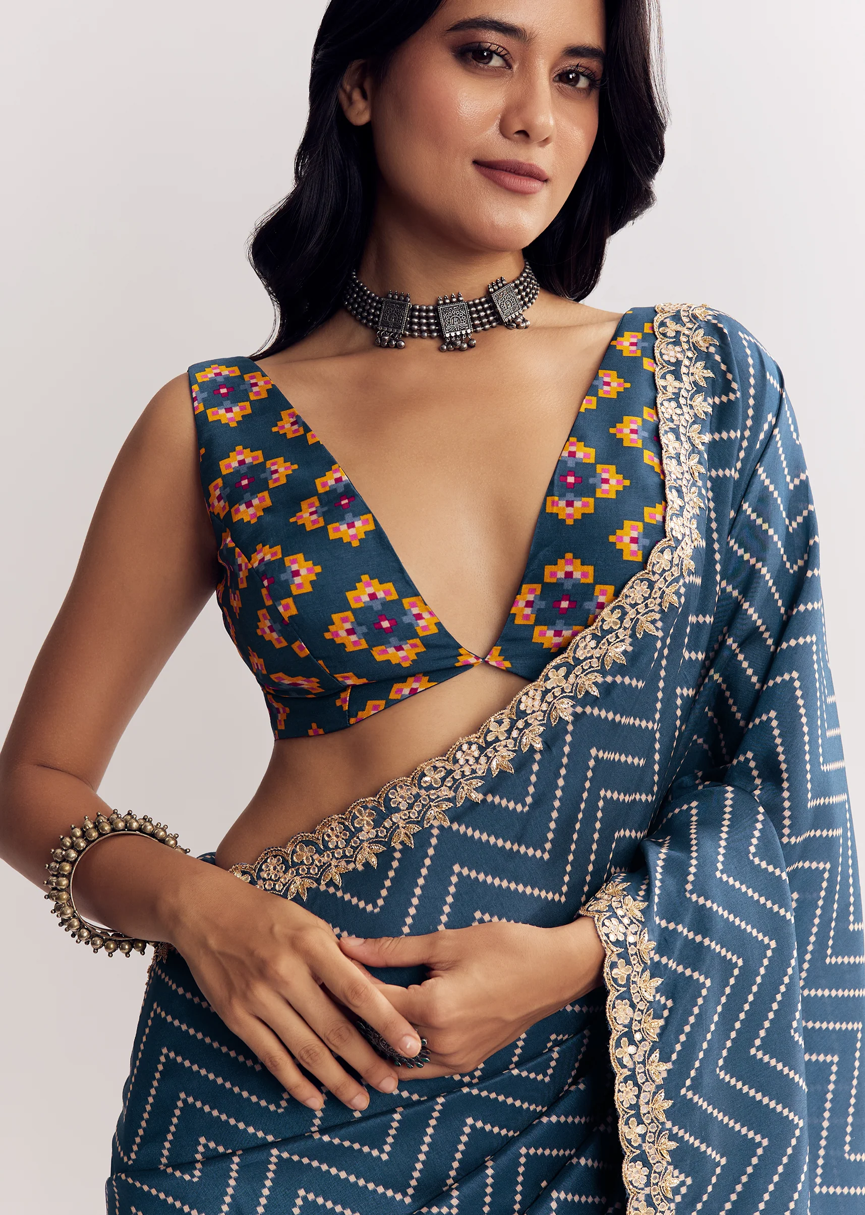 Indigo Heritage Couple Set – Navy Blue Ajrakh Saree For Her And Indigo Ajrakh Kurta Set For Him - Image 2