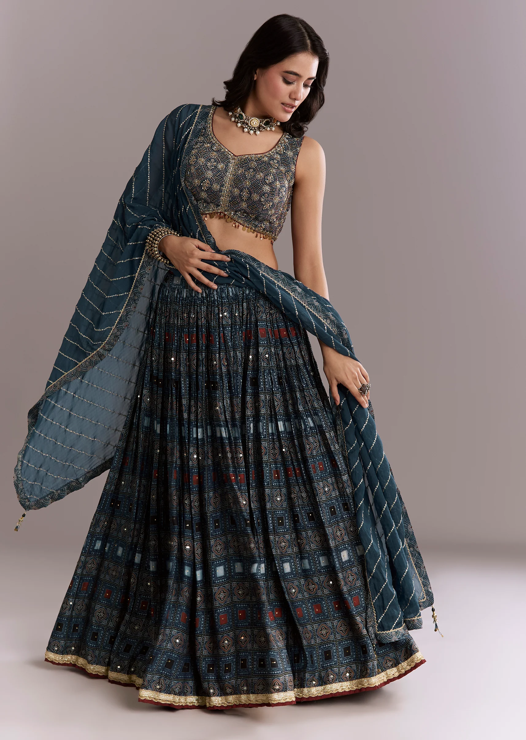 Indigo Modal Bridesmaid Lehenga With Hand Dyed Ajrakh Print - Image 3