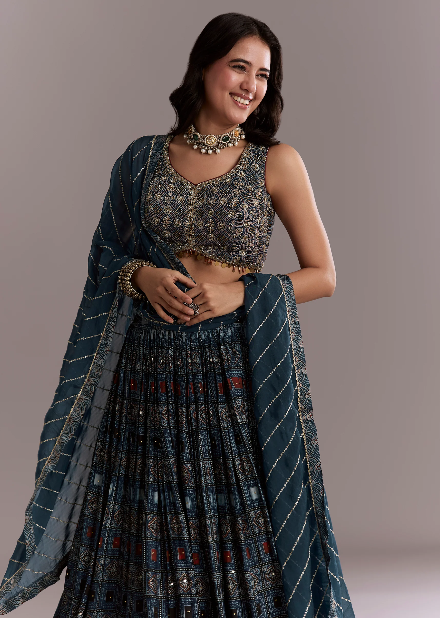 Indigo Modal Bridesmaid Lehenga With Hand Dyed Ajrakh Print - Image 4