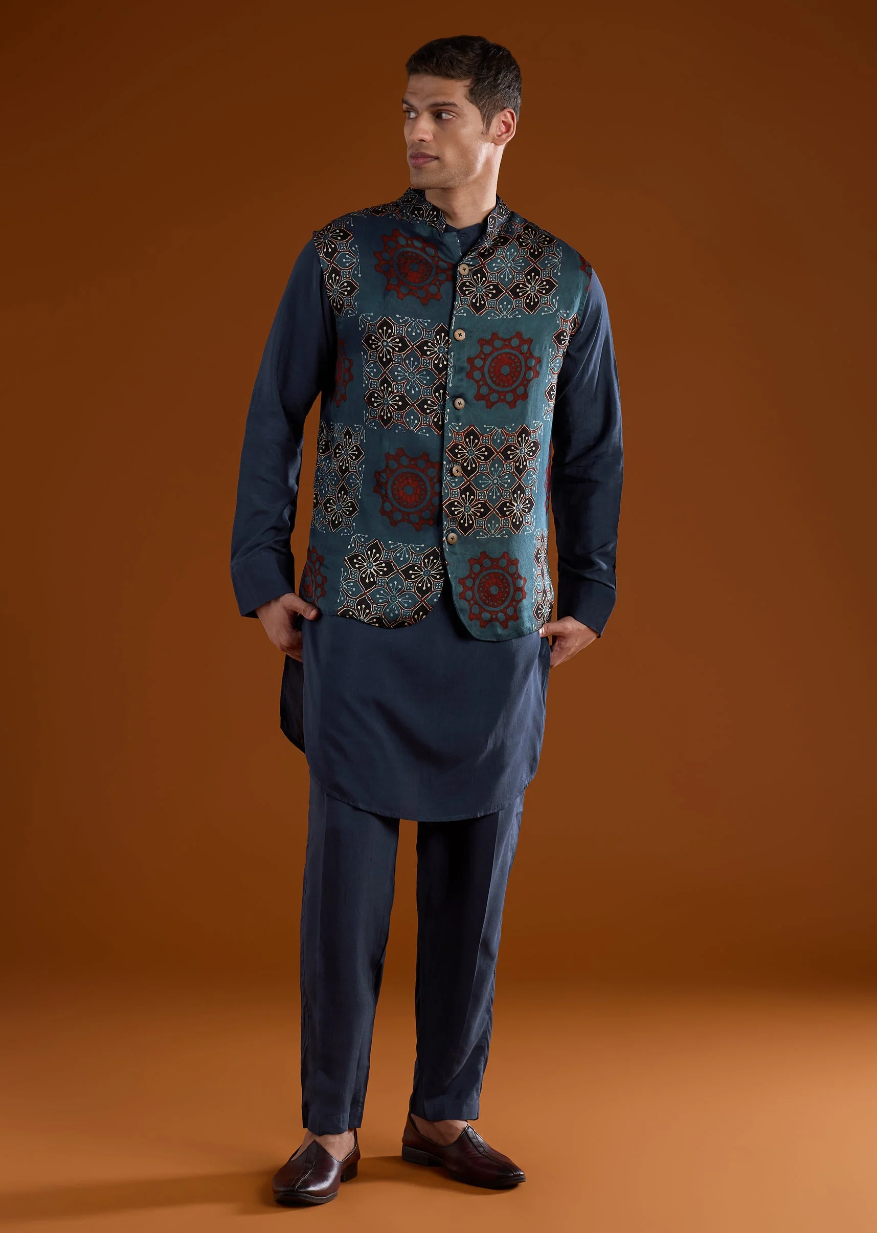 Indigo Modal Mens Kurta Jacket Set With Handblock Ajrakh