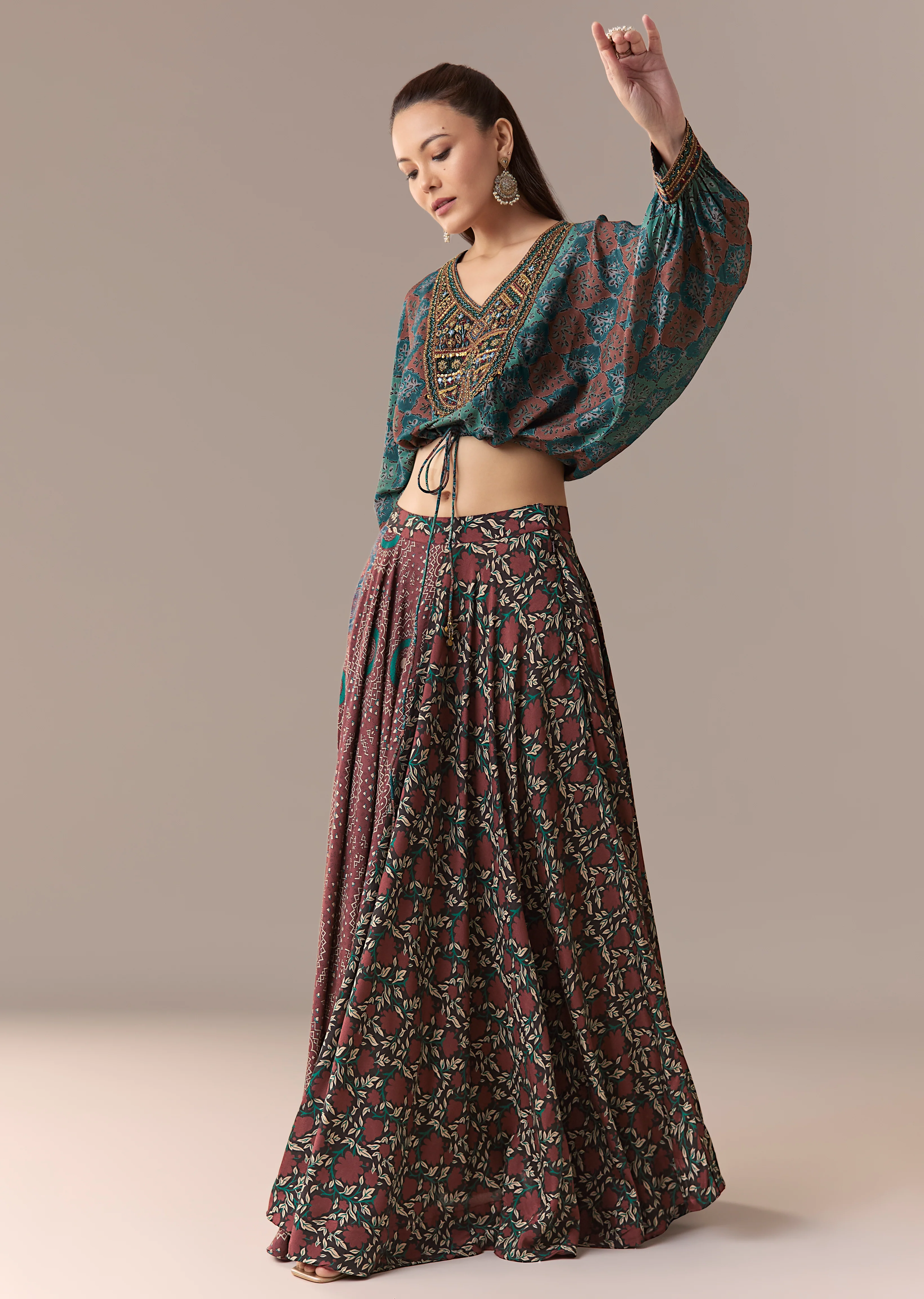 Indigo Noir Festive Couple Set – Indigo Printed Crop Top & Skirt Set for Her And Black Embroidered Silk Kurta Jacket Set for Him - Image 3