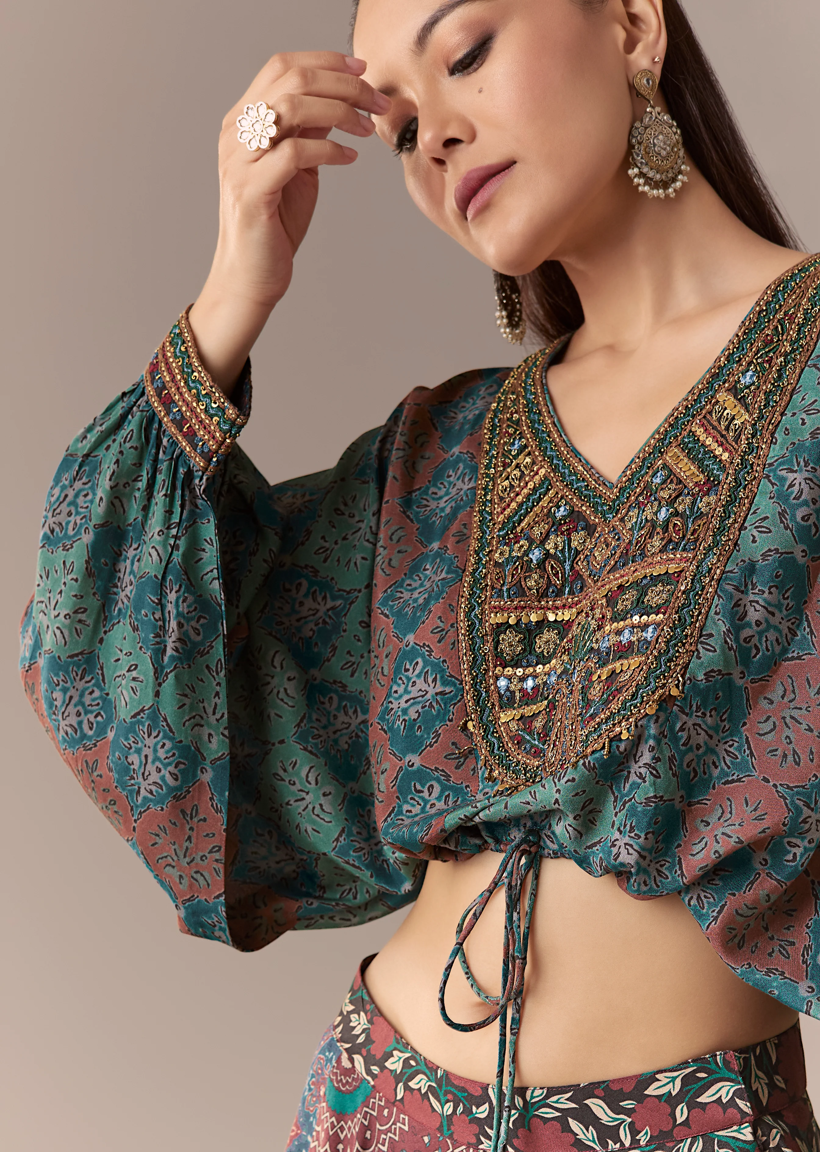 Indigo Noir Festive Couple Set – Indigo Printed Crop Top & Skirt Set for Her And Black Embroidered Silk Kurta Jacket Set for Him - Image 4