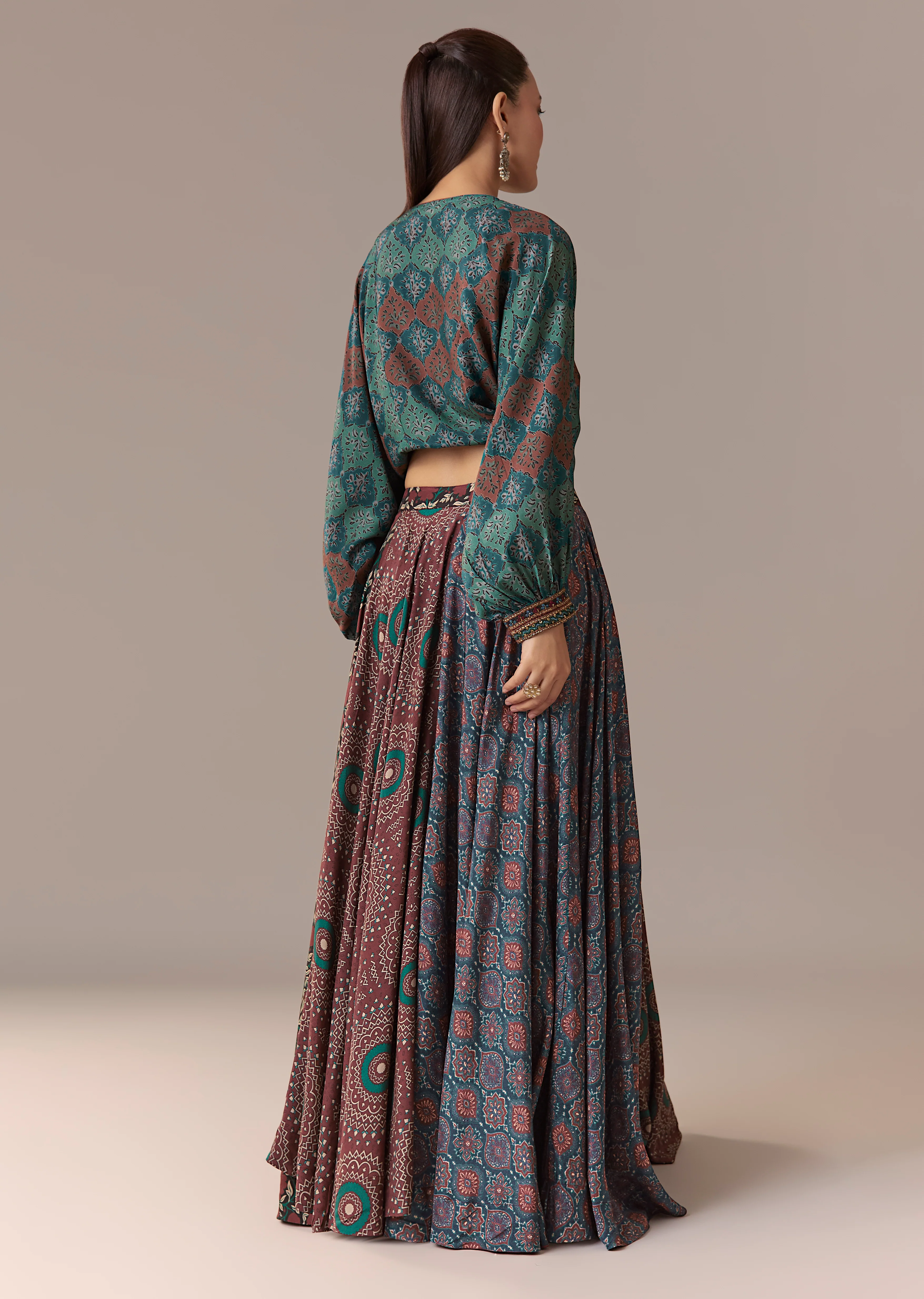 Indigo Noir Festive Couple Set – Indigo Printed Crop Top & Skirt Set for Her And Black Embroidered Silk Kurta Jacket Set for Him - Image 5