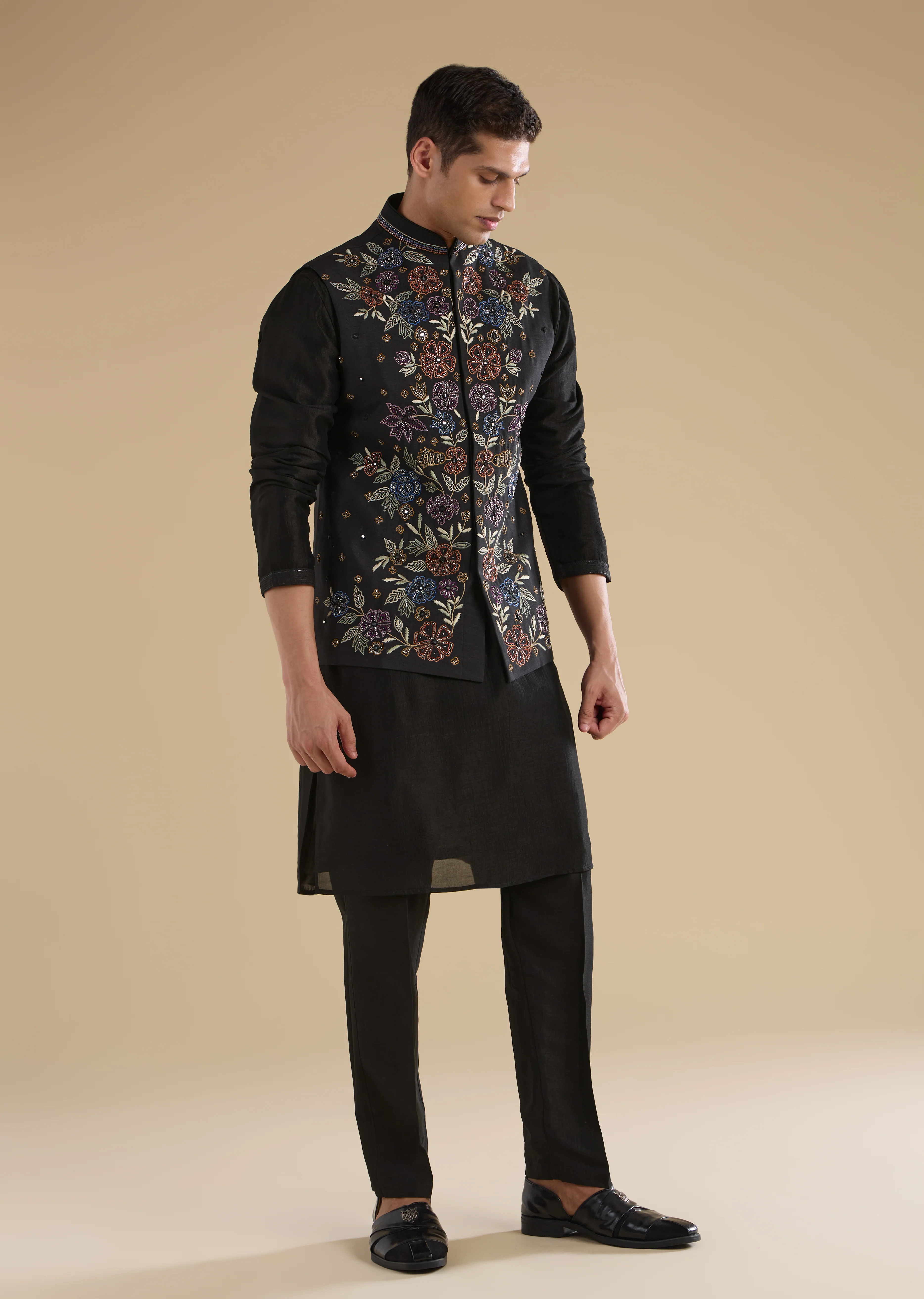 Indigo Noir Festive Couple Set – Indigo Printed Crop Top & Skirt Set for Her And Black Embroidered Silk Kurta Jacket Set for Him - Image 7