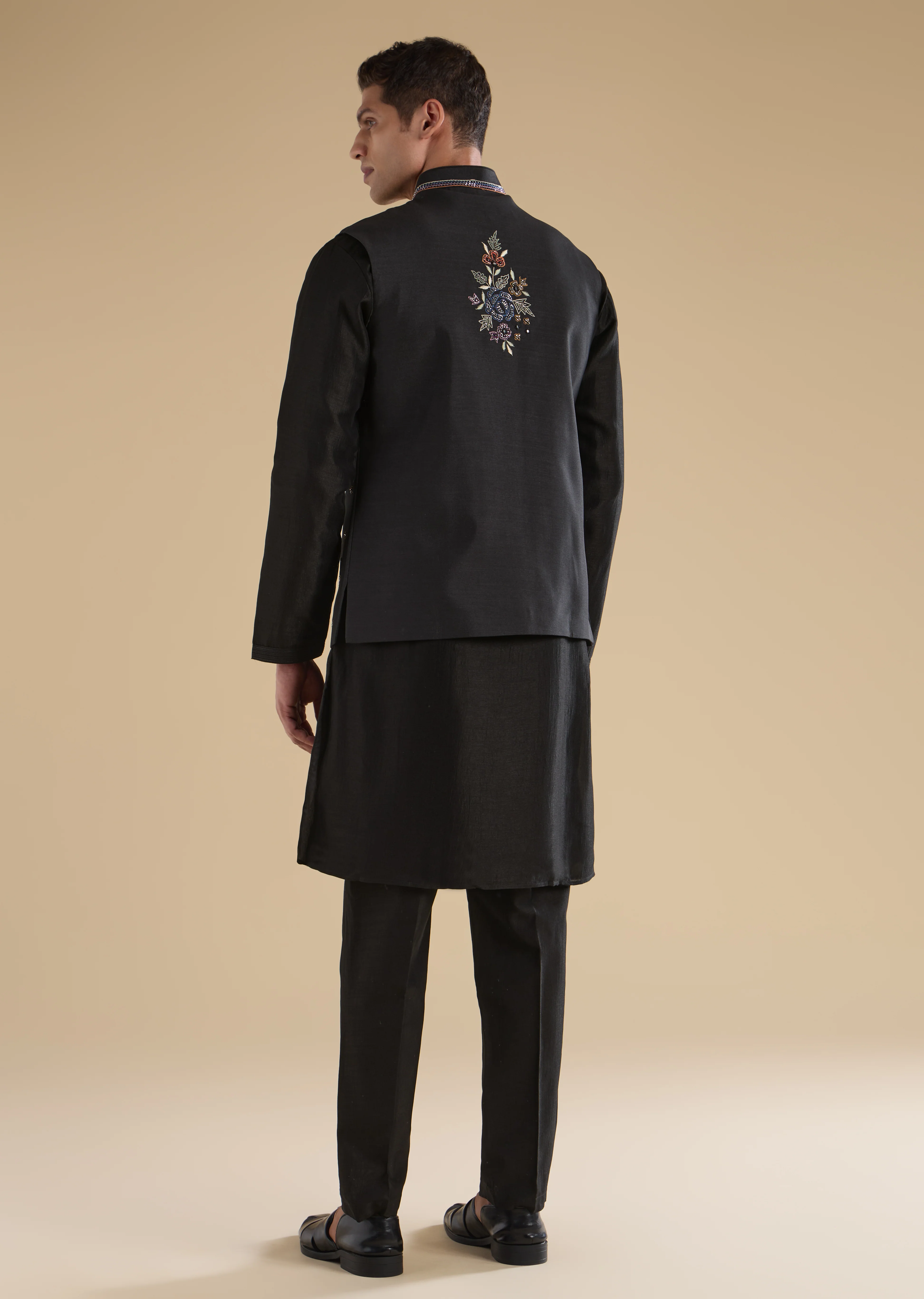 Indigo Noir Festive Couple Set – Indigo Printed Crop Top & Skirt Set for Her And Black Embroidered Silk Kurta Jacket Set for Him - Image 9