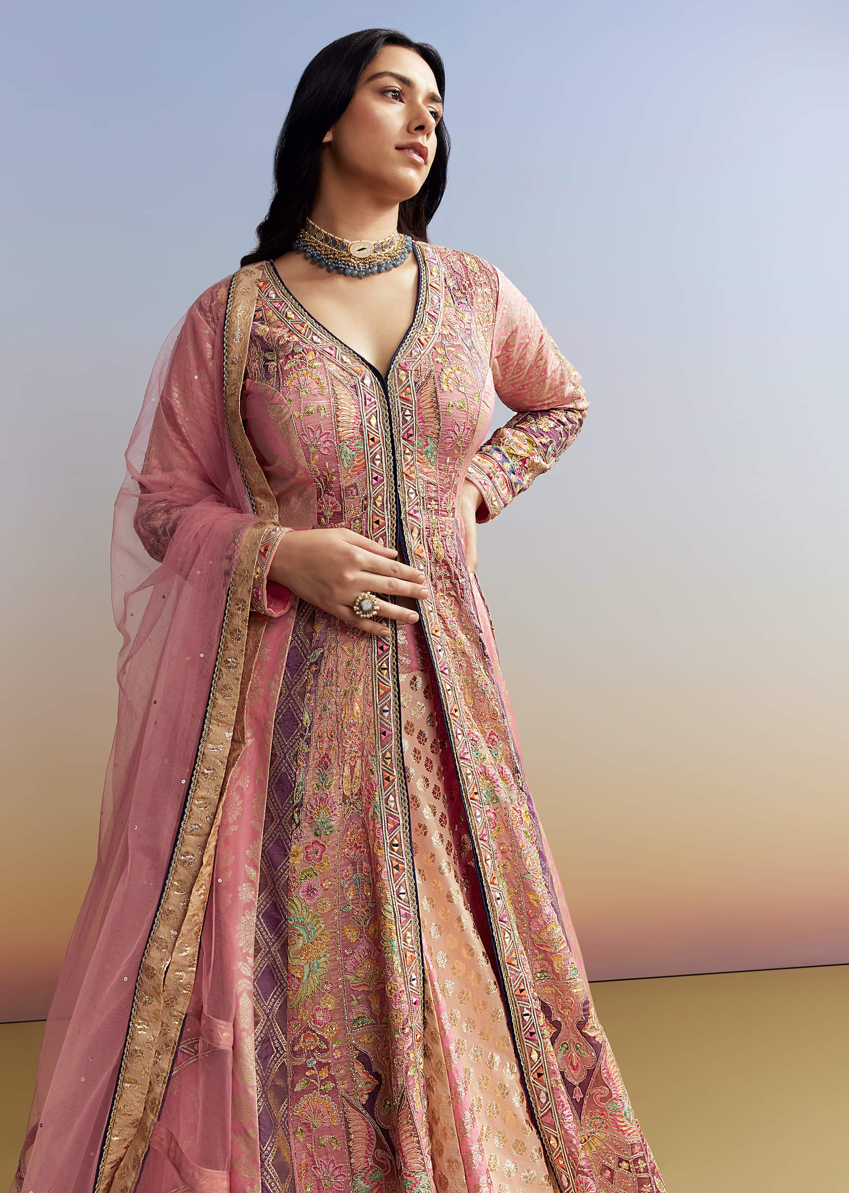 Indo Western Pink Silk Kurta Lehenga Set - Image 4