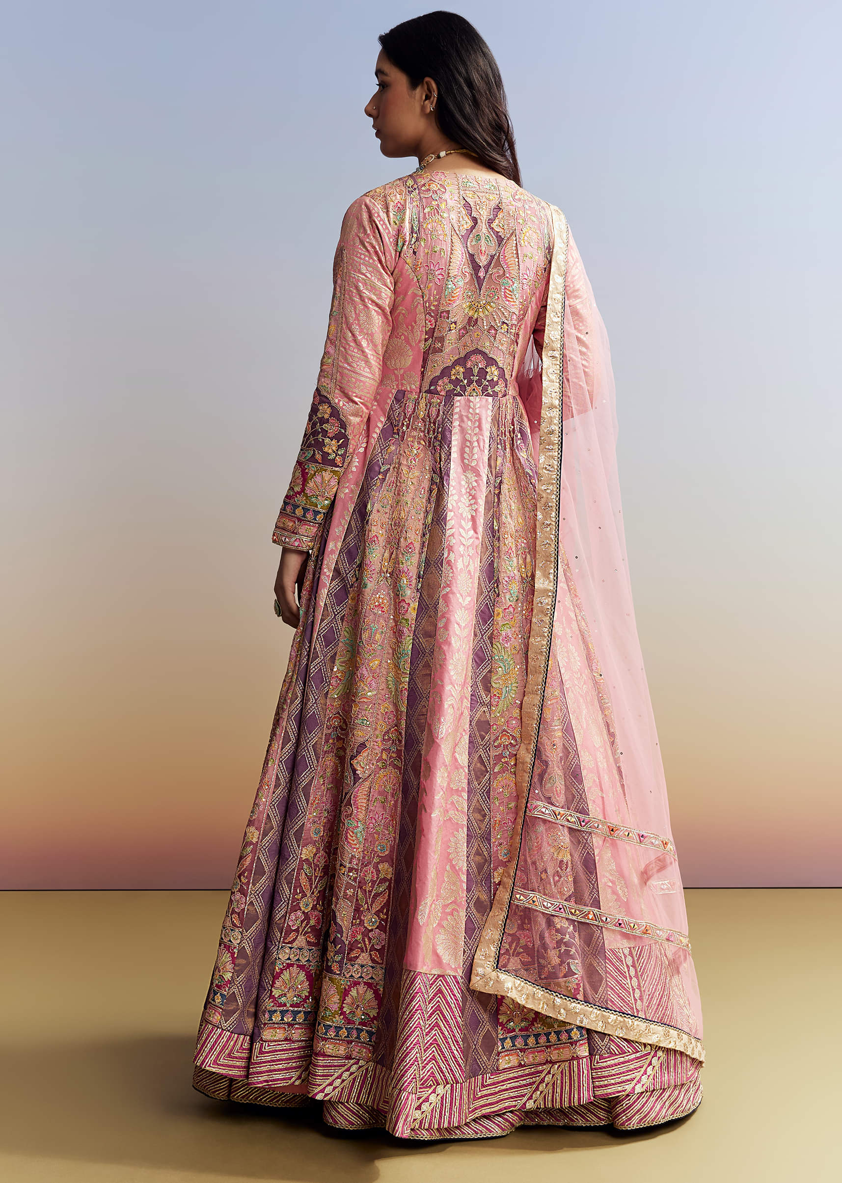 Indo Western Pink Silk Kurta Lehenga Set - Image 5