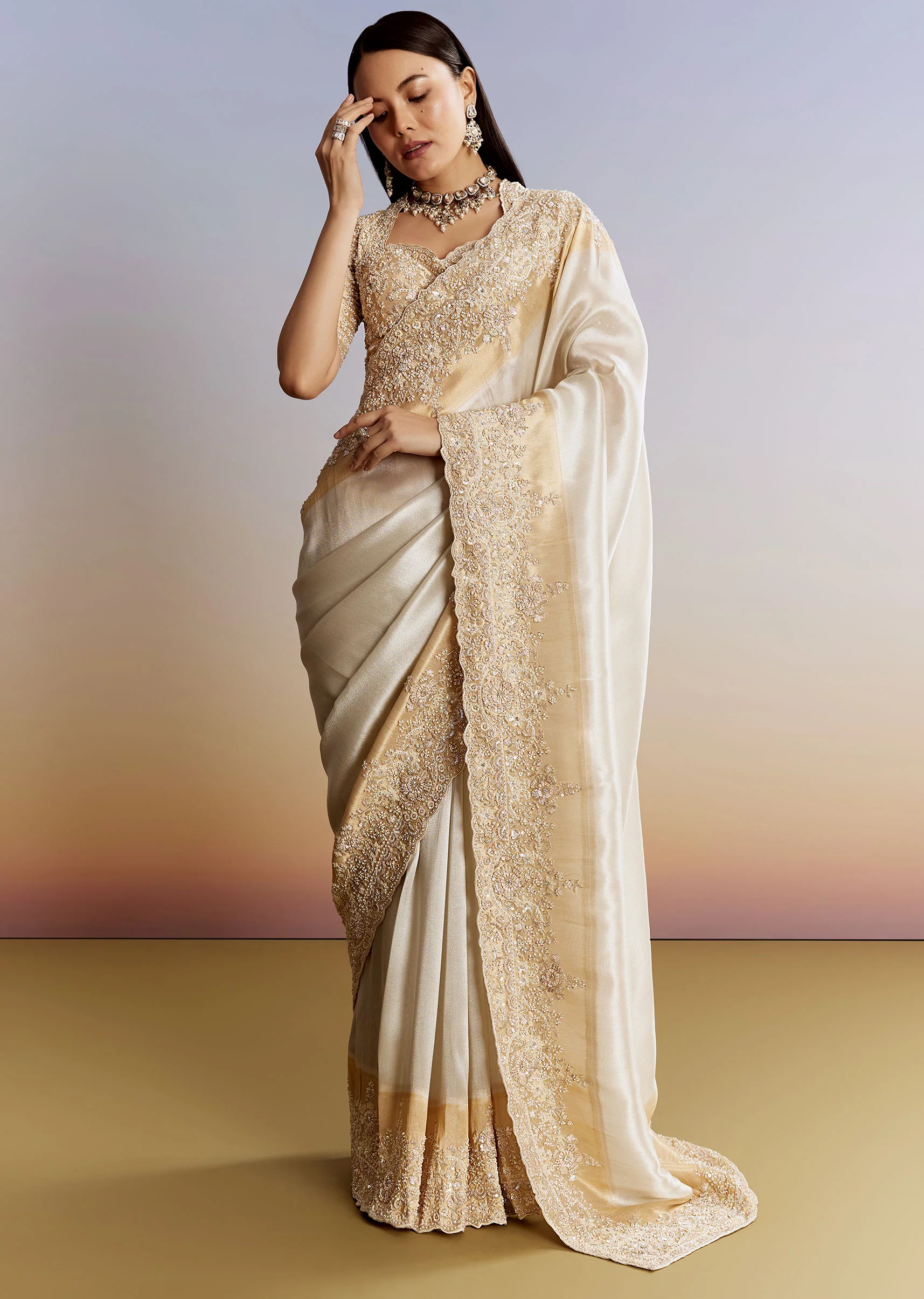 Ivory And Golden Kora Silk Saree With Heavy Zardosi Work - Image 2