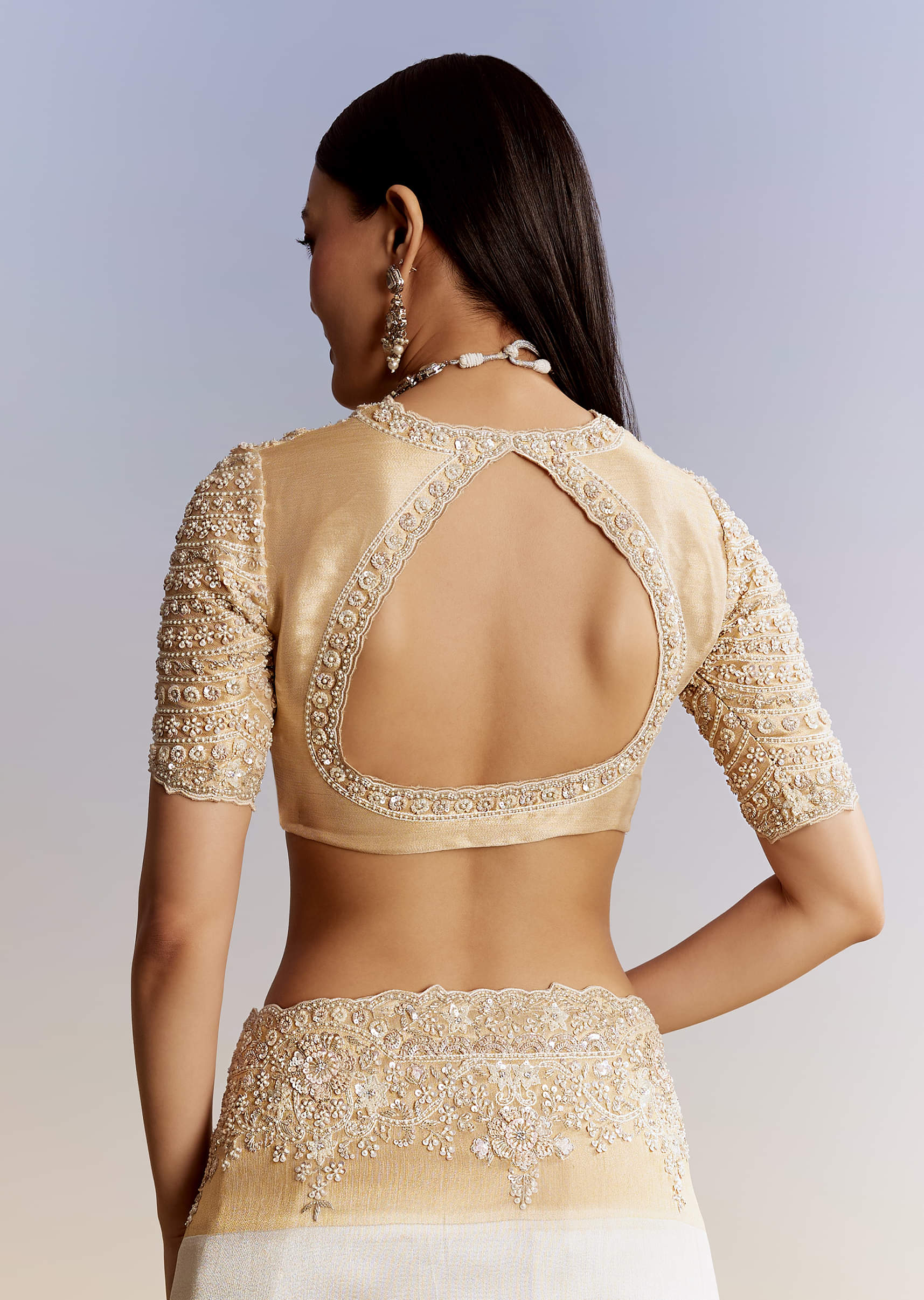 Ivory And Golden Kora Silk Saree With Heavy Zardosi Work - Image 8