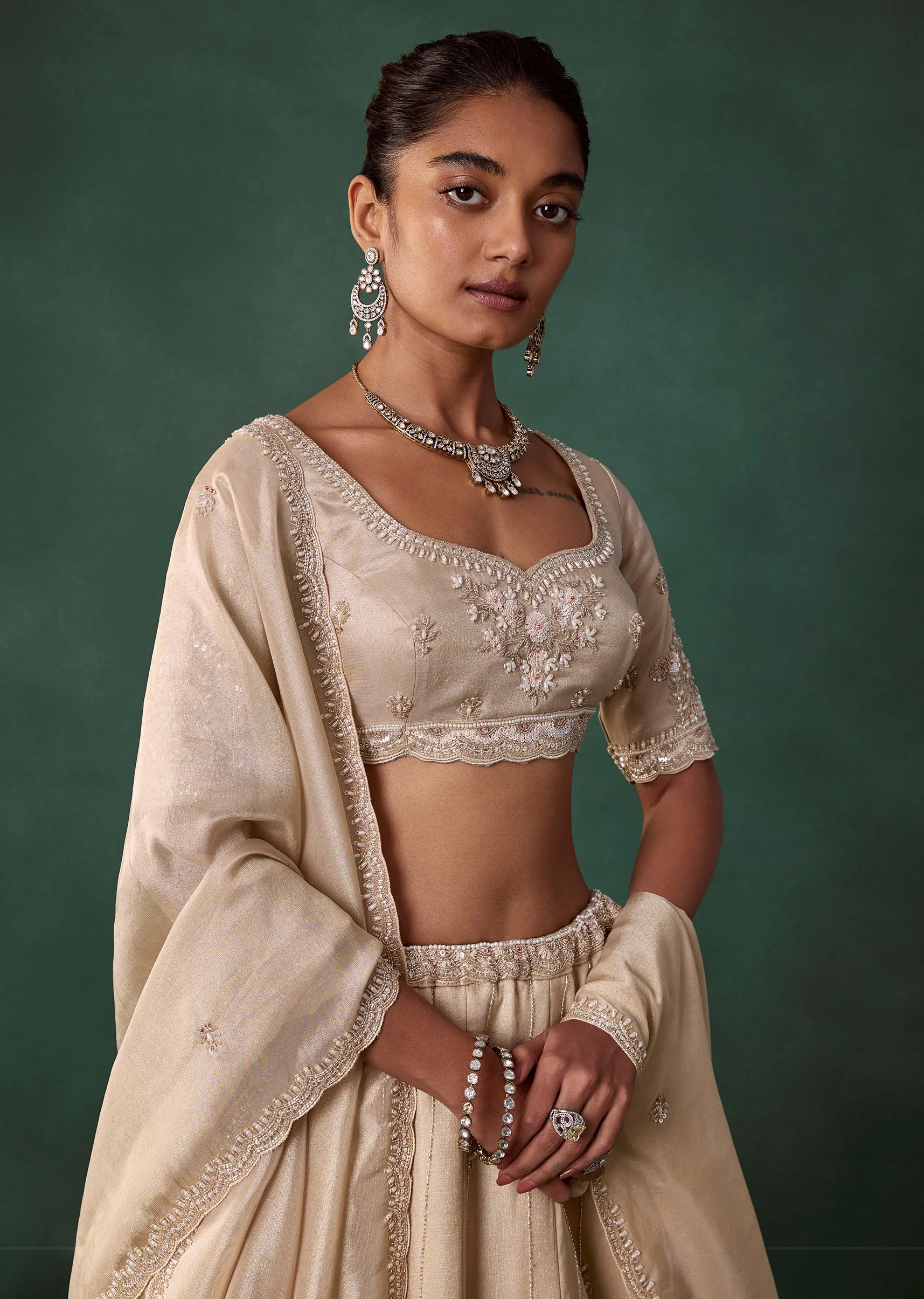 Ivory Butti Embroidered Georgette Bridal Lehenga Set - Image 3