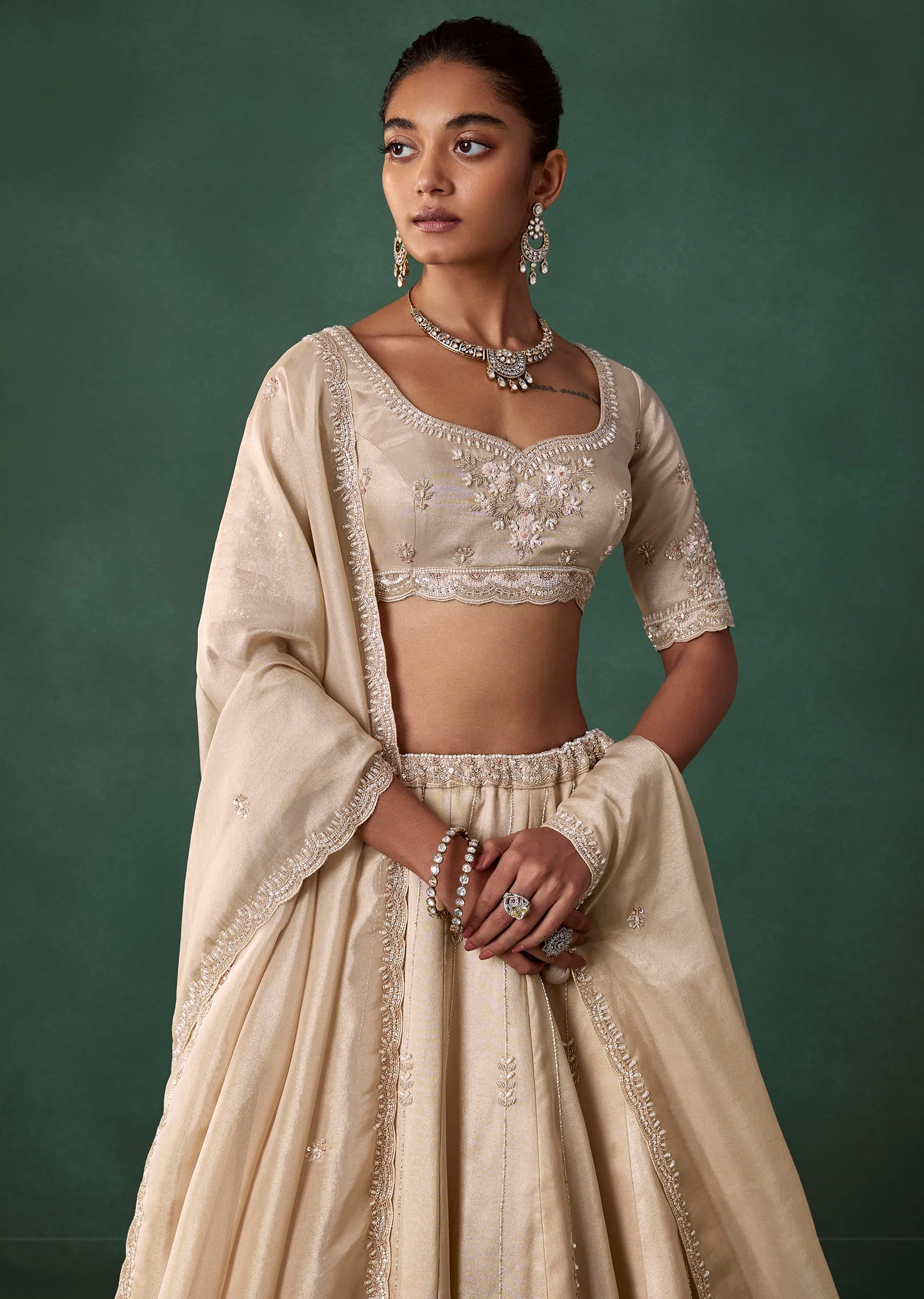 Ivory Butti Embroidered Georgette Bridal Lehenga Set - Image 5