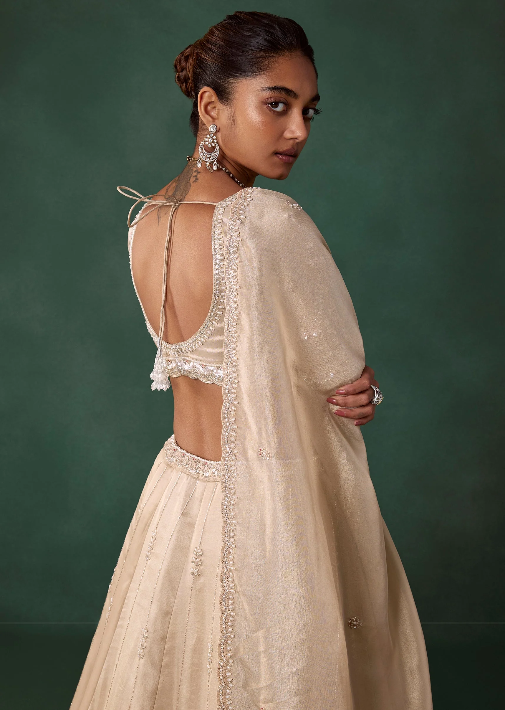 Ivory Butti Embroidered Georgette Bridal Lehenga Set - Image 6