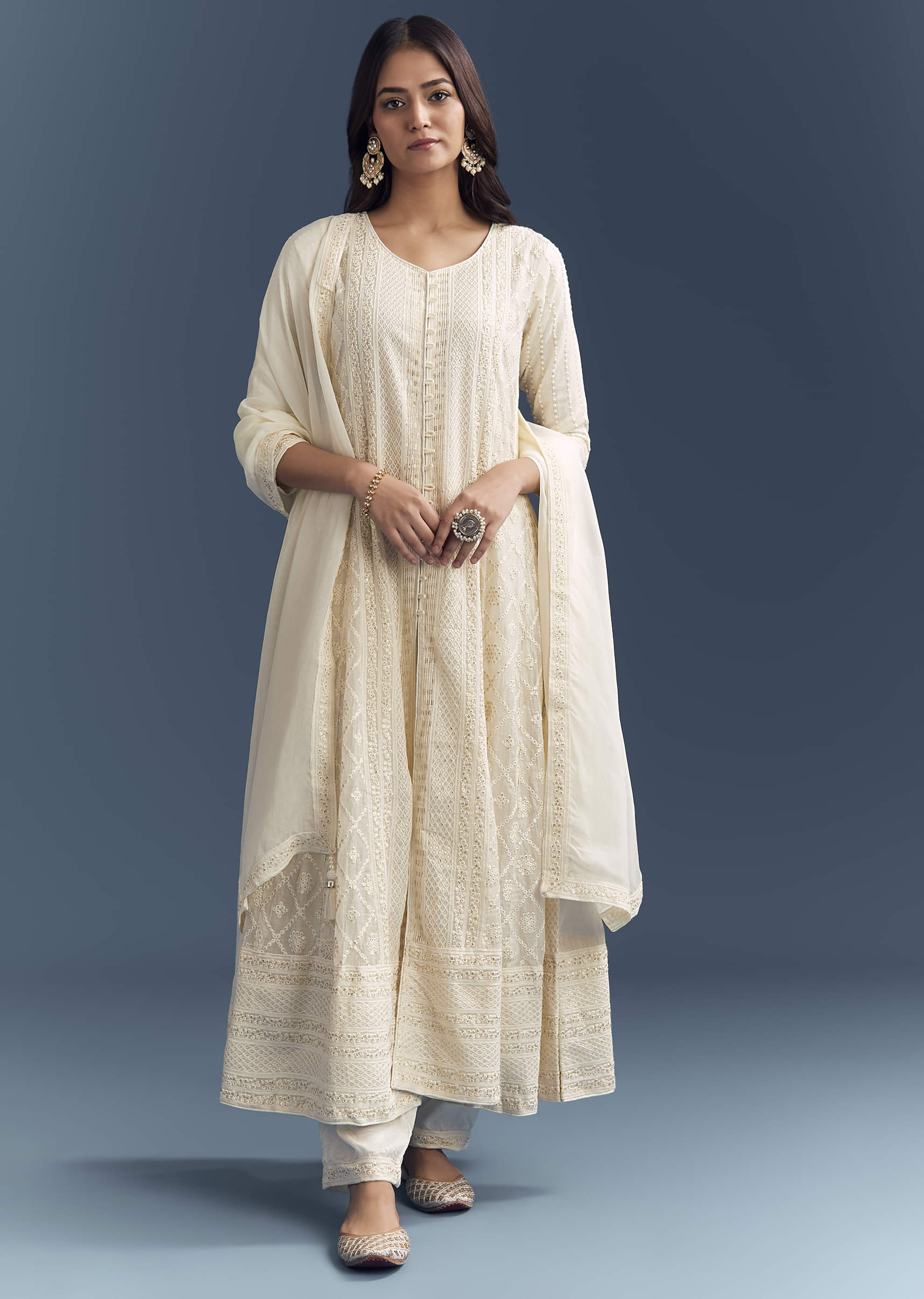 Ivory Chanderi Anarkali Suit With Thread And Sequins Embroidery - Image 3
