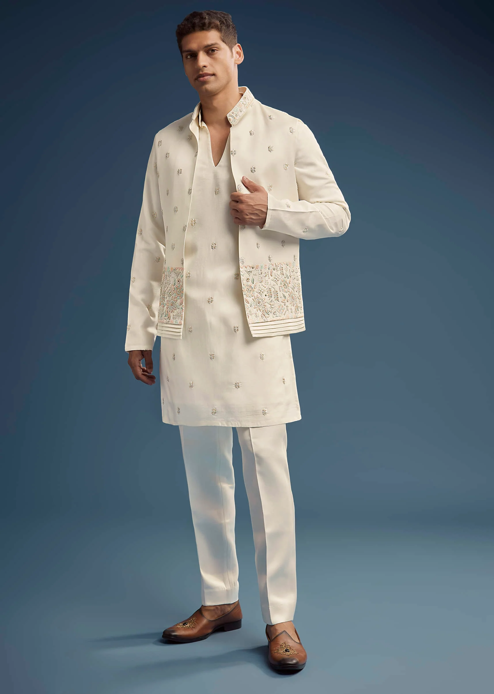 Ivory Dola Silk Kurta Jacket Set For Men With Zardosi Embroidery - Image 3