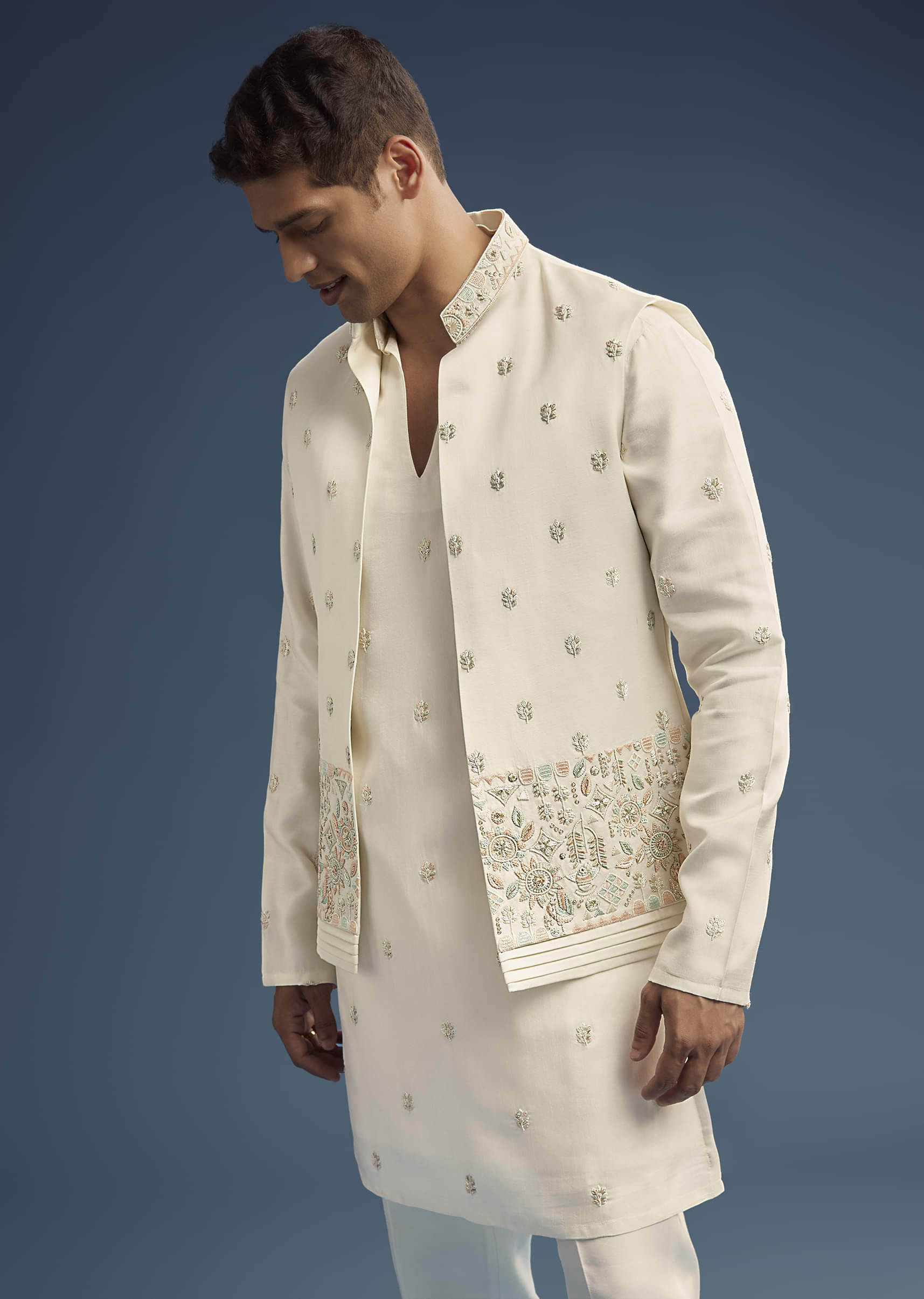 Ivory Dola Silk Kurta Jacket Set For Men With Zardosi Embroidery - Image 4