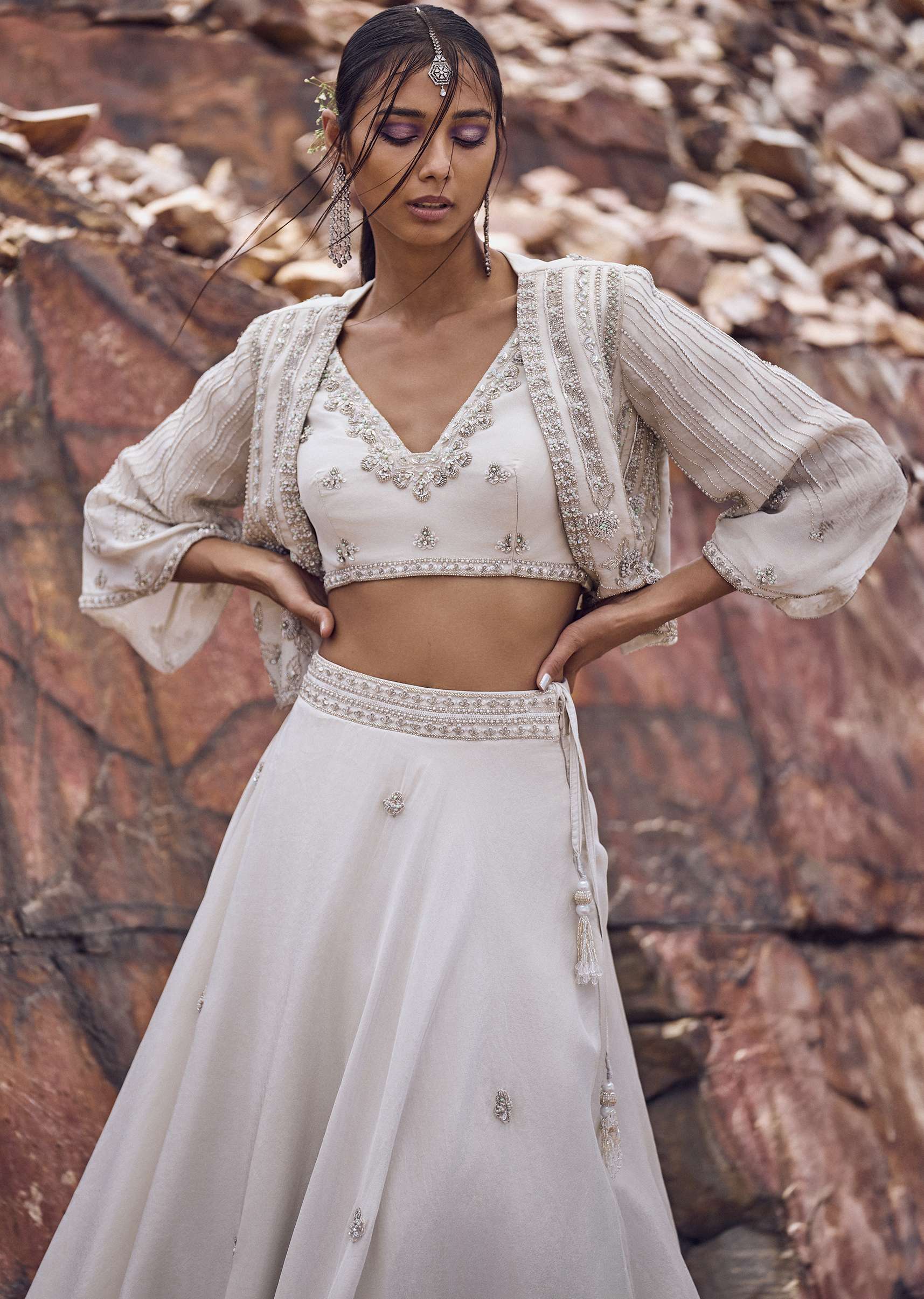 Ivory Embroidered Jacket With Blouse And Lehenga - Image 2
