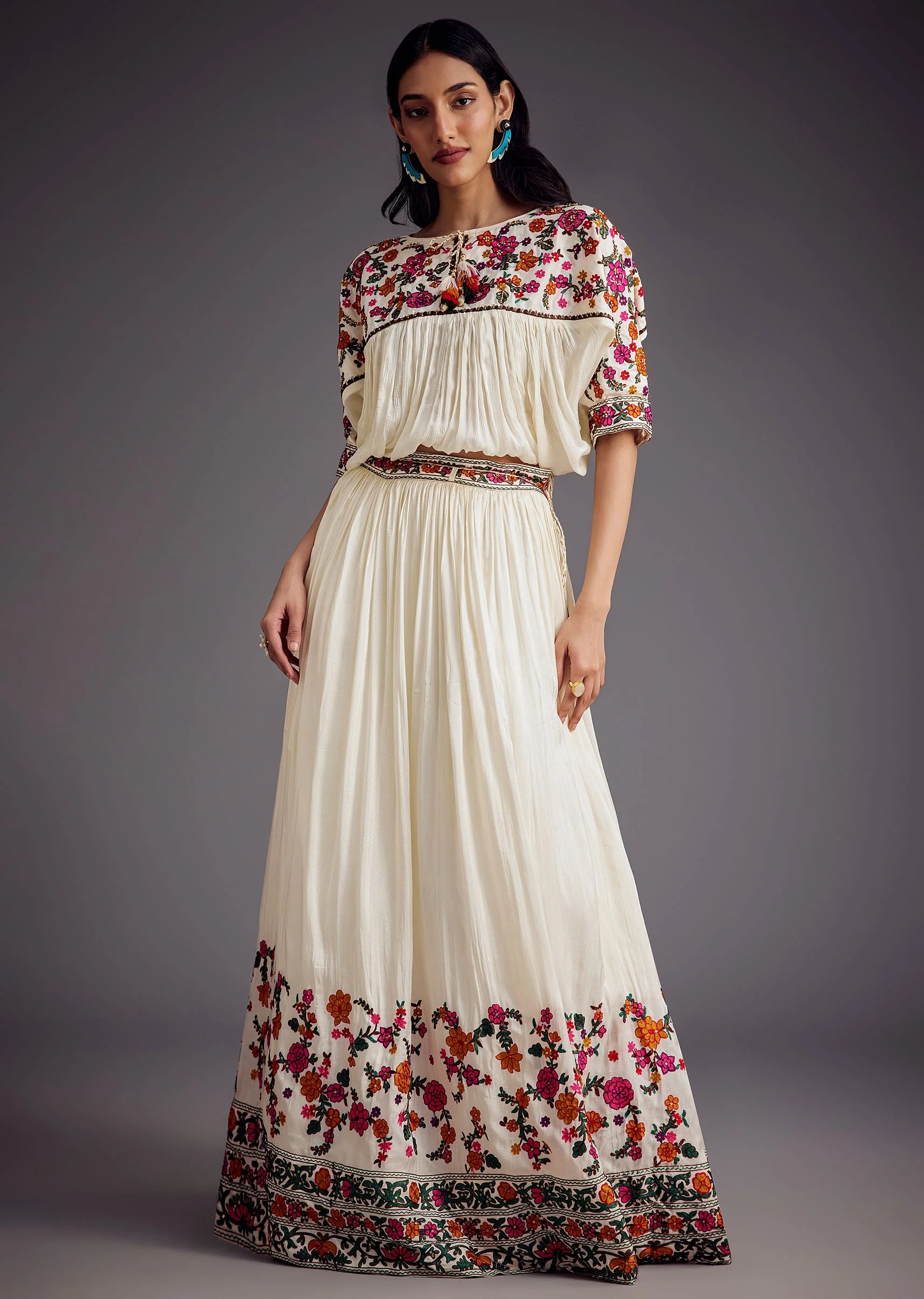 Ivory Embroidered Skirt With Resham work Detailed Crop Top - Image 4
